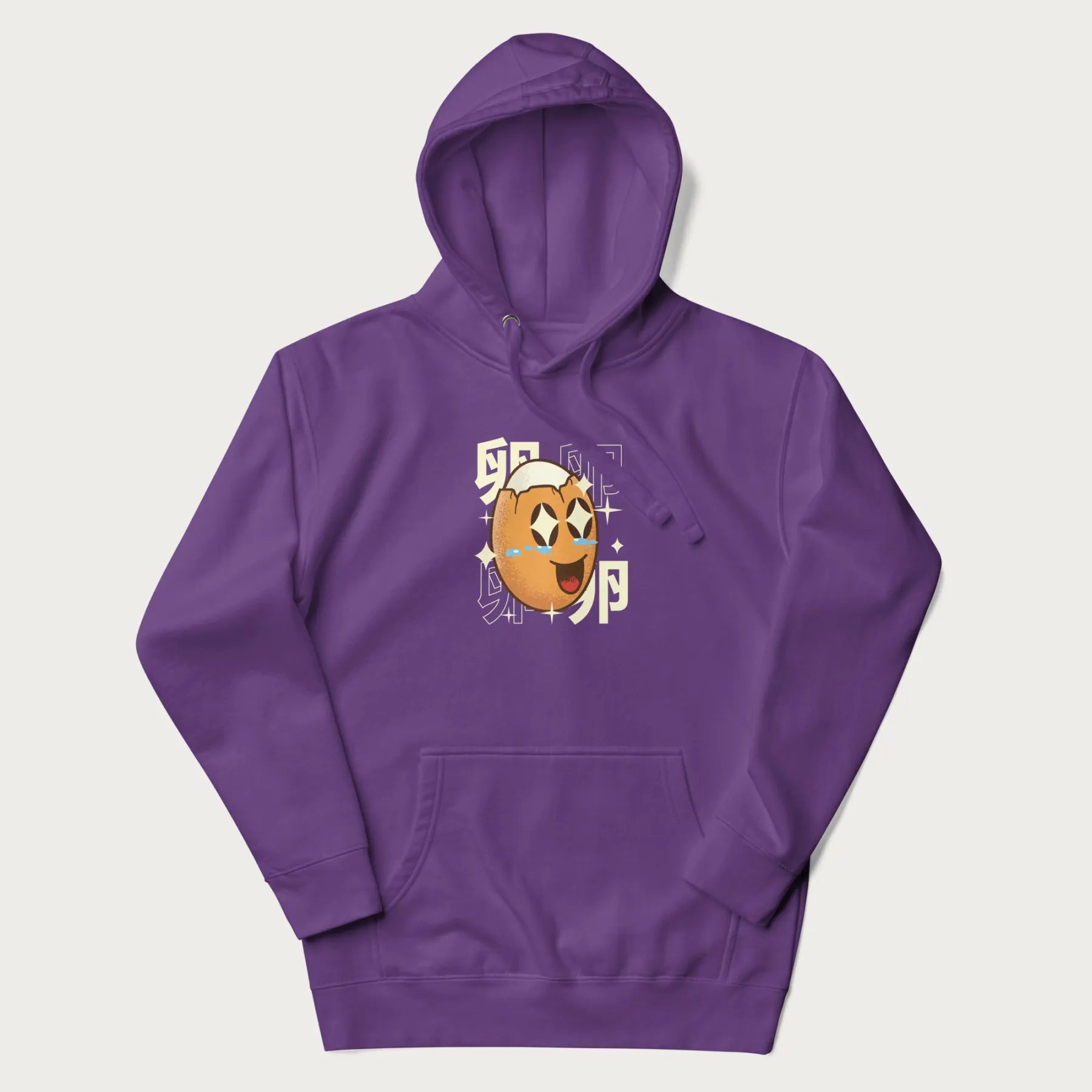 Purple hoodie with Japanese graphic of a smiling egg with tears of joy, surrounded by the Japanese text '卵' (Egg).