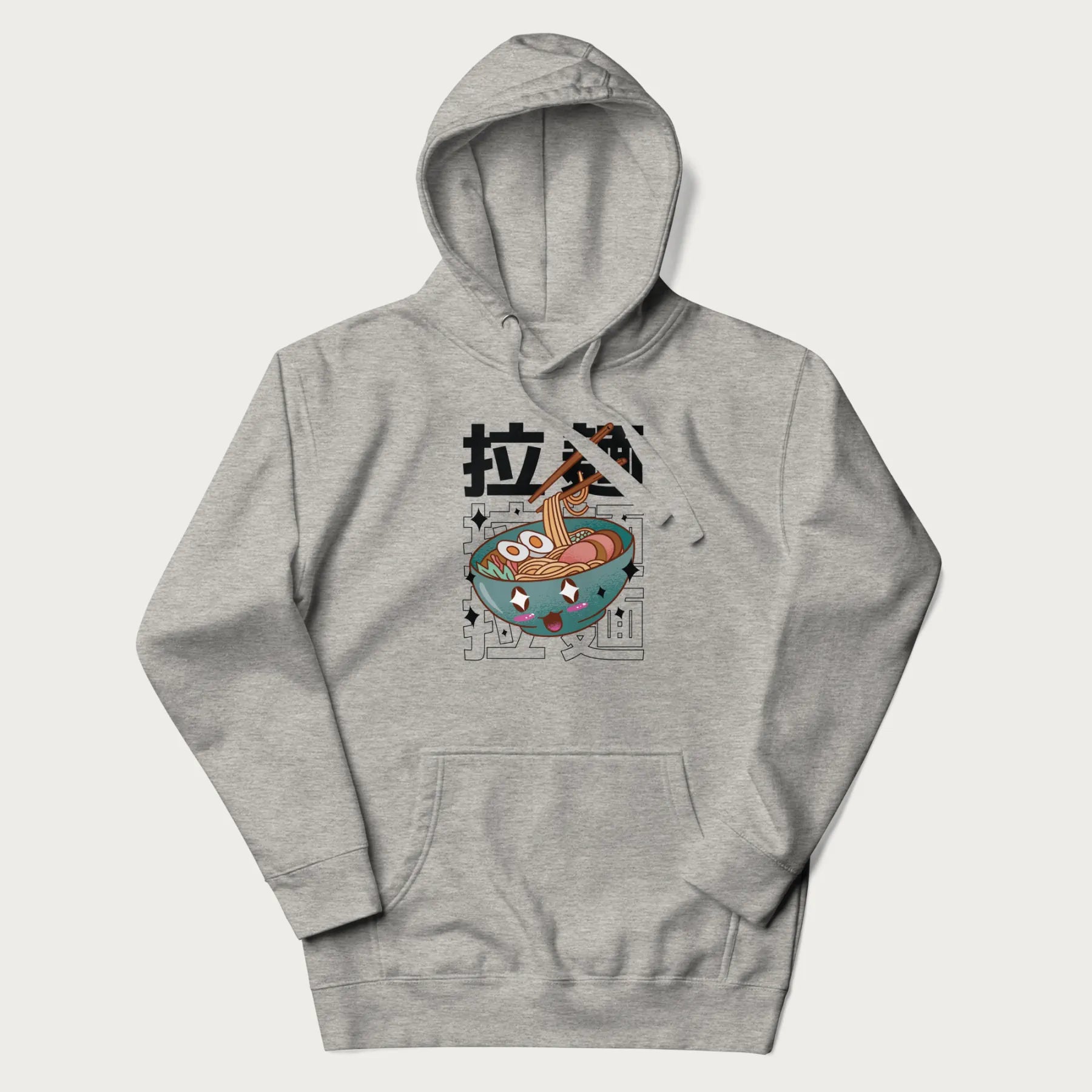 Light grey hoodie with Japanese text '拉麵' (Ramen) and graphic of a kawaii ramen bowl with sparkling eyes and blushed cheeks.