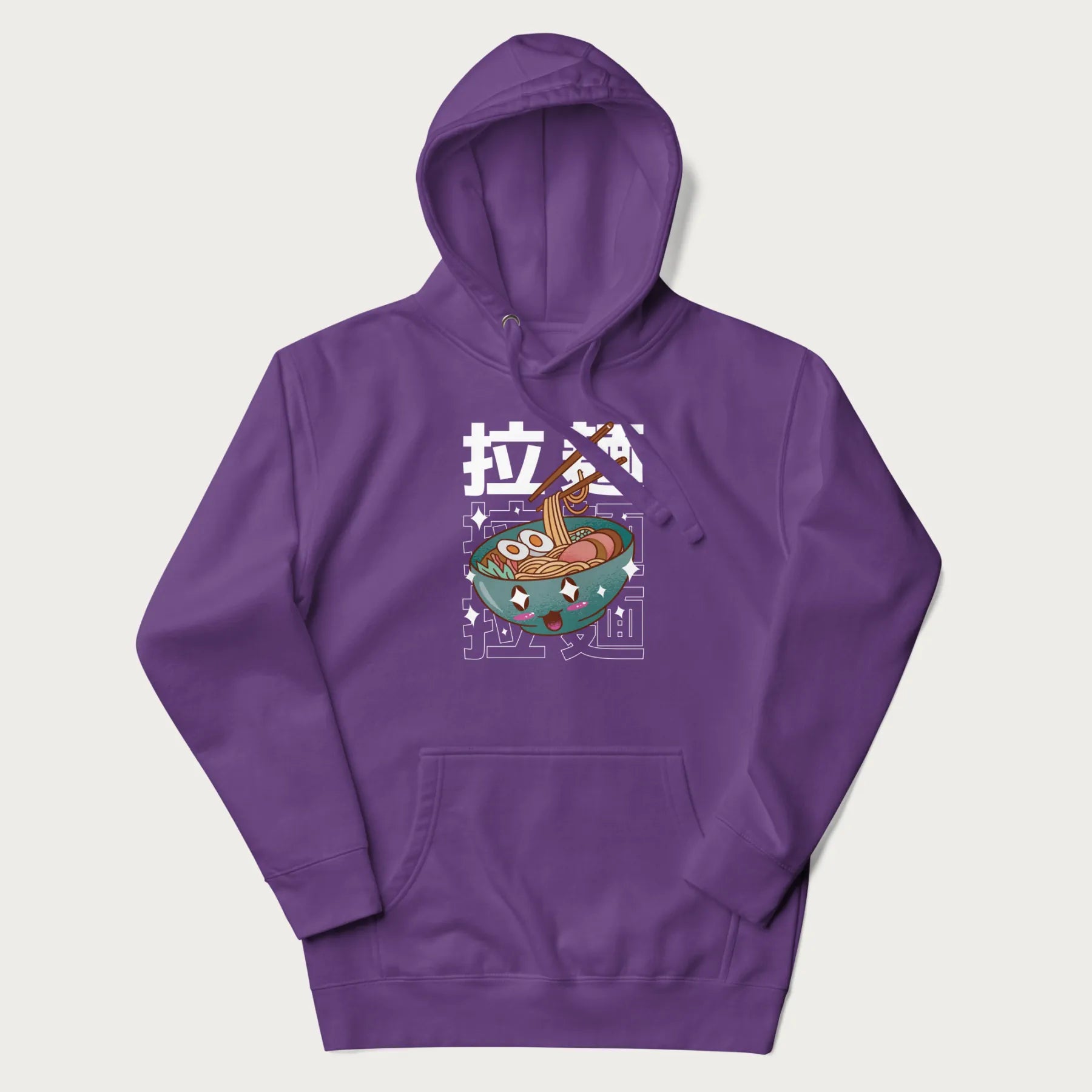 Purple hoodie with Japanese text '拉麵' (Ramen) and graphic of a kawaii ramen bowl with sparkling eyes and blushed cheeks.