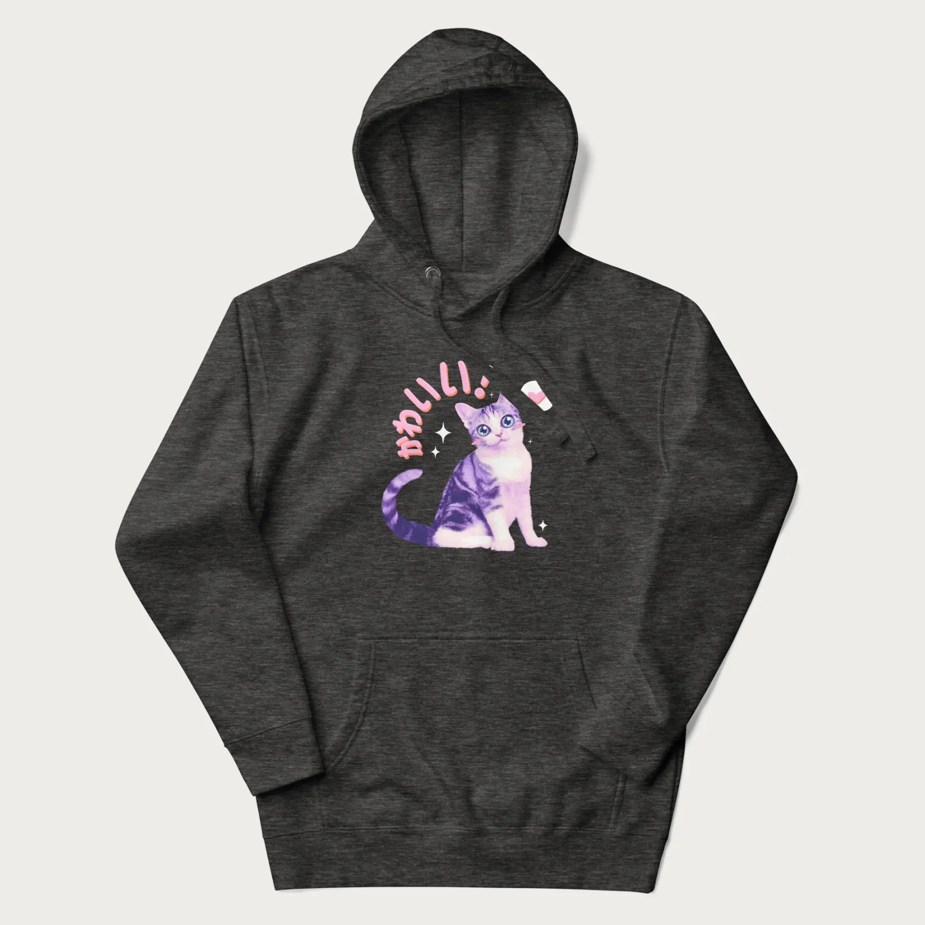 Dark grey hoodie with a graphic of a blue-eyed kitten and Japanese kawaii-style lettering, stars, and a heart.