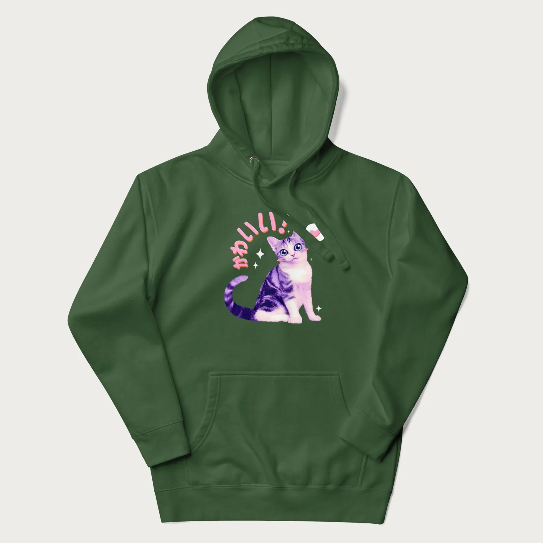 Forest green hoodie with a graphic of a blue-eyed kitten and Japanese kawaii-style lettering, stars, and a heart.