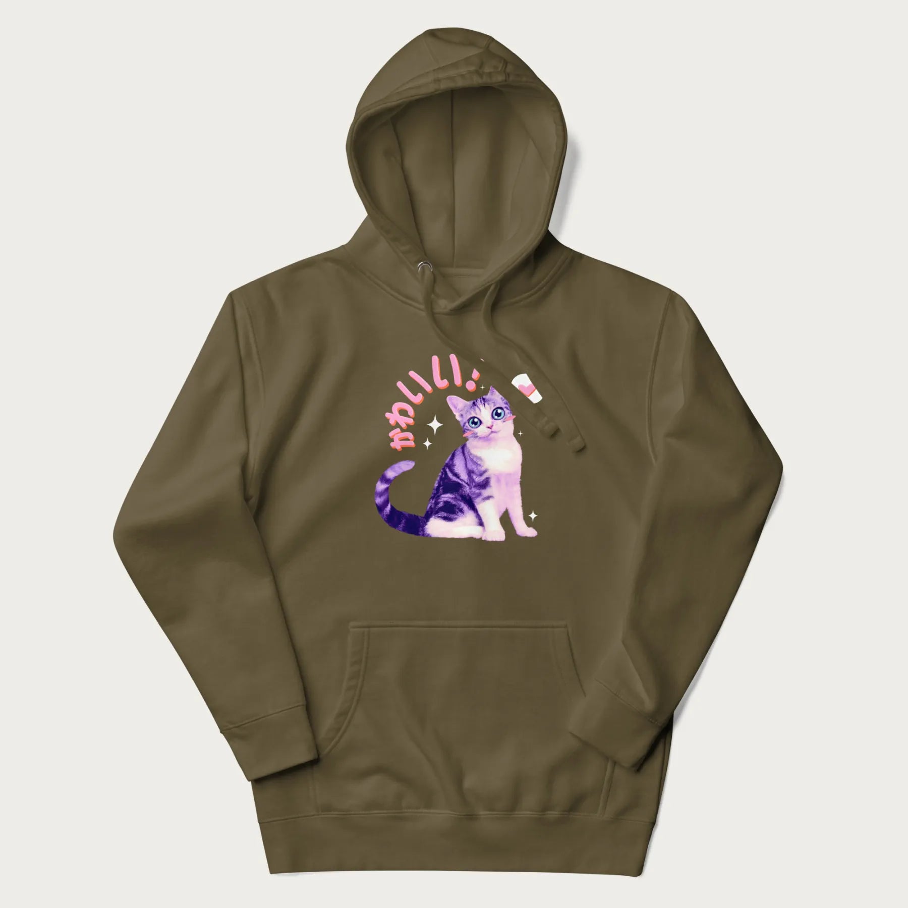 Military green hoodie with a graphic of a blue-eyed kitten and Japanese kawaii-style lettering, stars, and a heart.