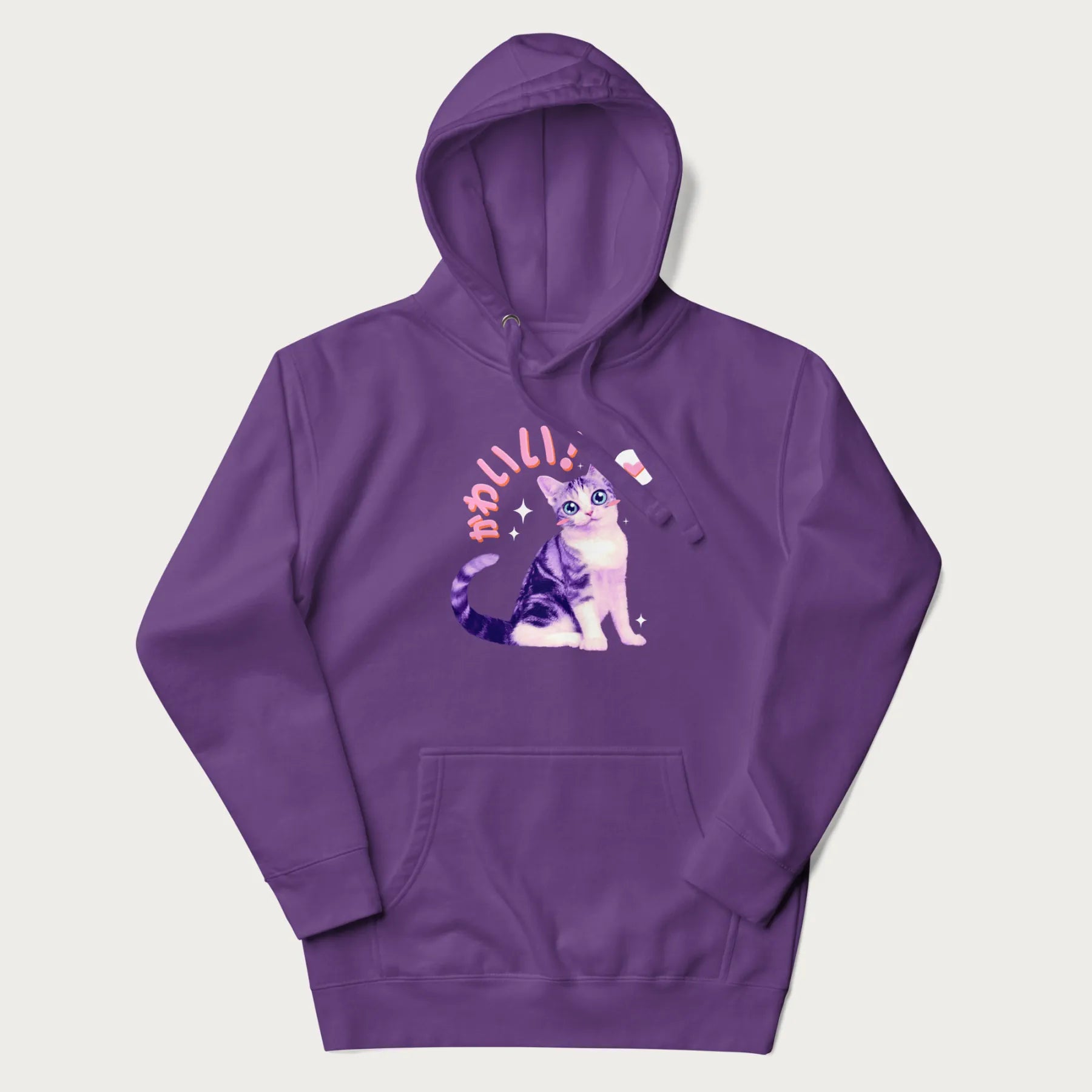 Purple hoodie with a graphic of a blue-eyed kitten and Japanese kawaii-style lettering, stars, and a heart.