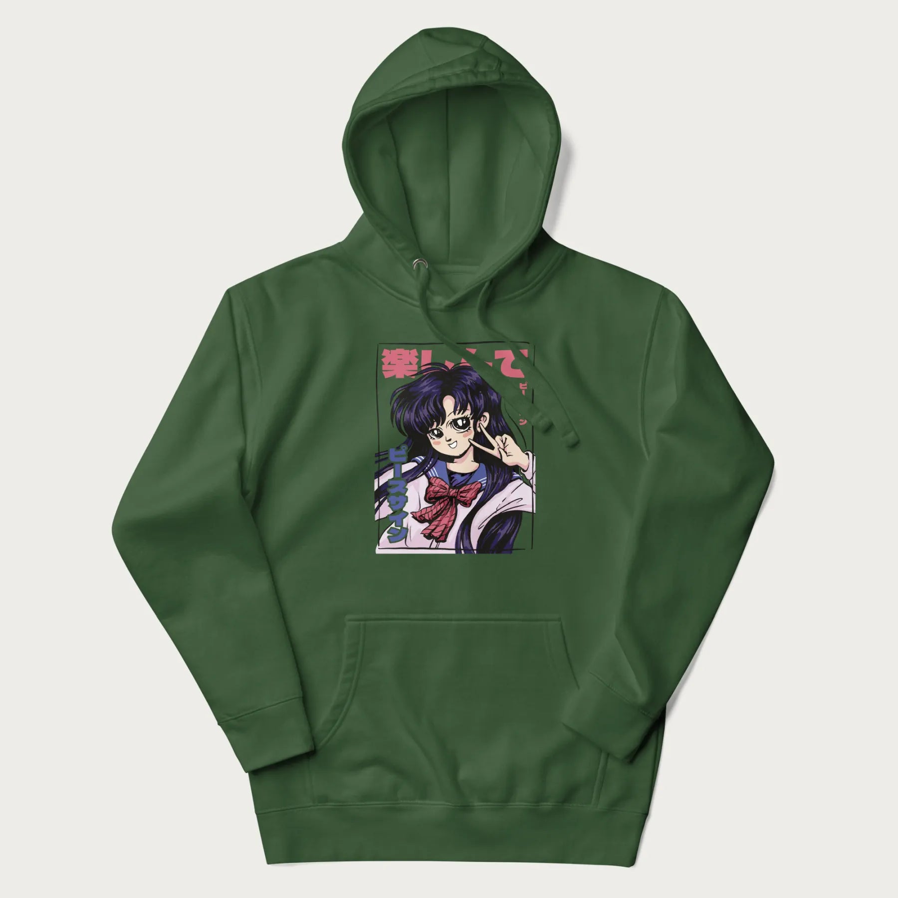 Forest green hoodie with Japanese graphic of an anime girl making a peace sign, with Japanese text '楽しんで' (Enjoy) and 'ピースサイン' (Peace Sign).
