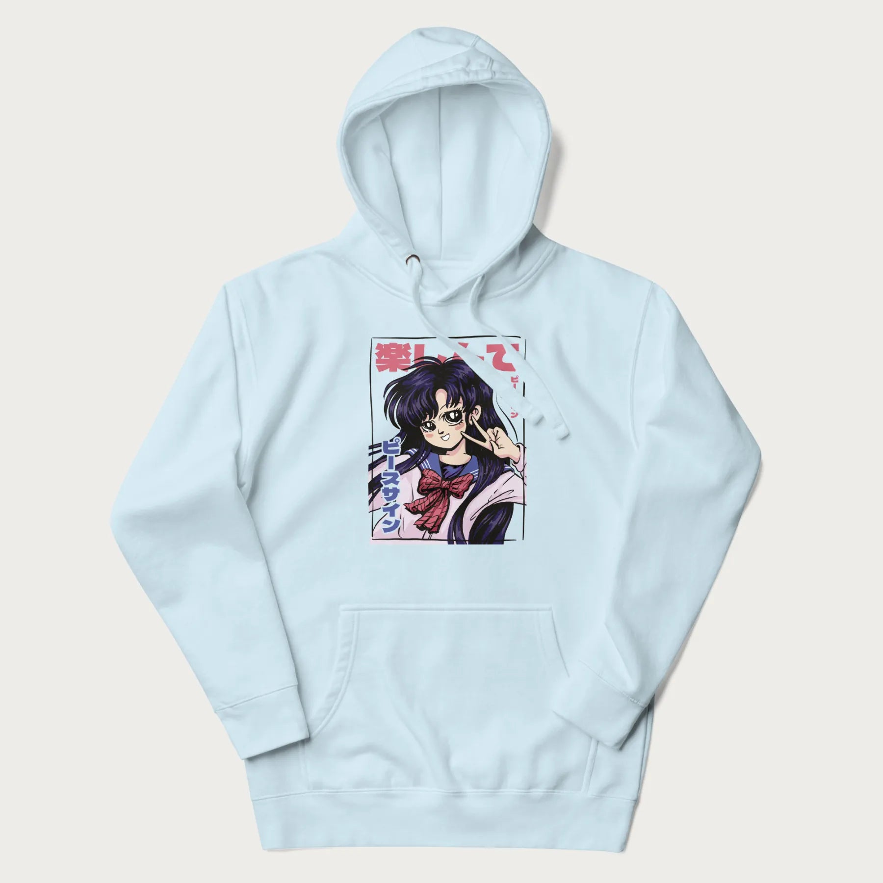 Light blue hoodie with Japanese graphic of an anime girl making a peace sign, with Japanese text '楽しんで' (Enjoy) and 'ピースサイン' (Peace Sign).