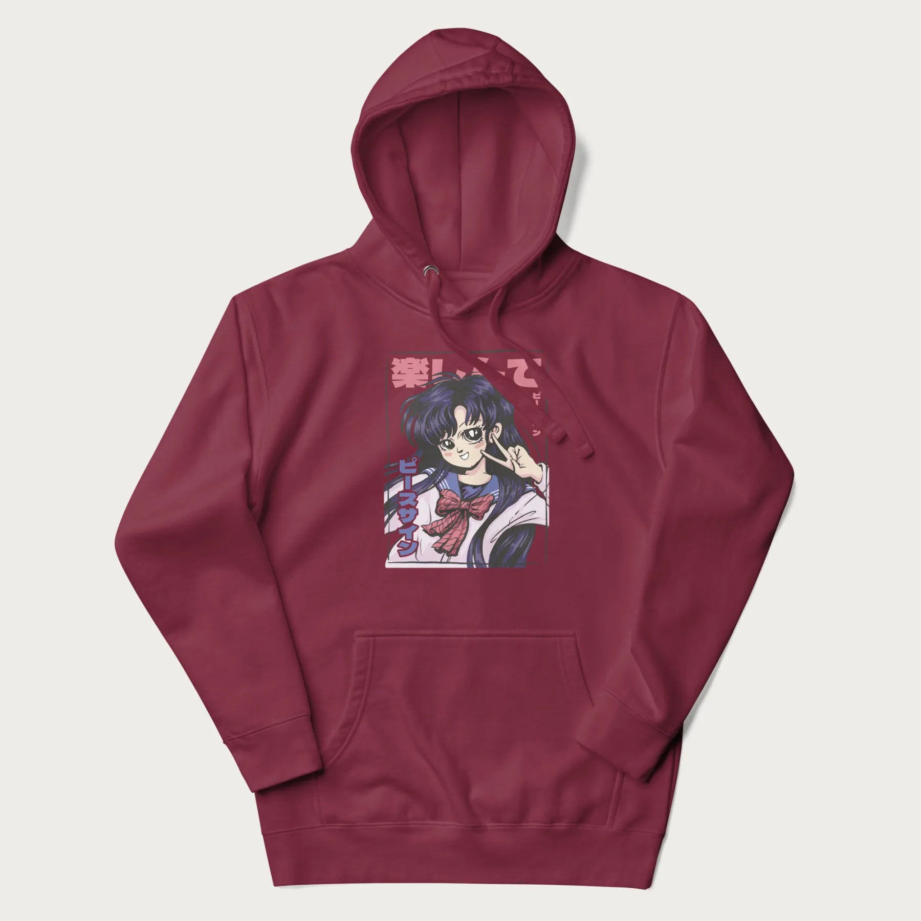 Maroon hoodie with Japanese graphic of an anime girl making a peace sign, with Japanese text '楽しんで' (Enjoy) and 'ピースサイン' (Peace Sign).