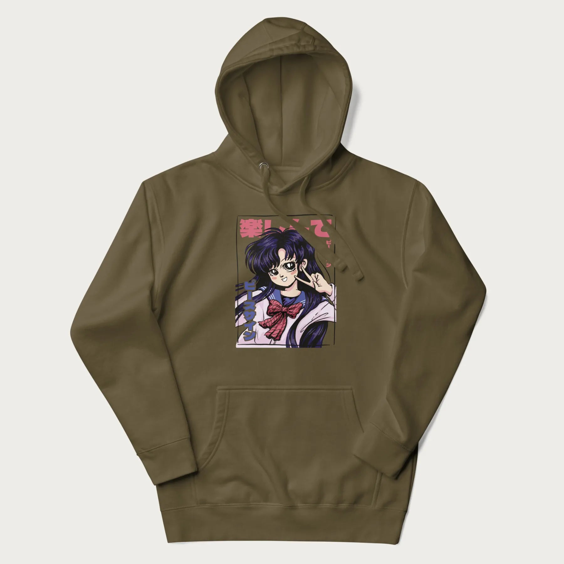 Military green hoodie with Japanese graphic of an anime girl making a peace sign, with Japanese text '楽しんで' (Enjoy) and 'ピースサイン' (Peace Sign).