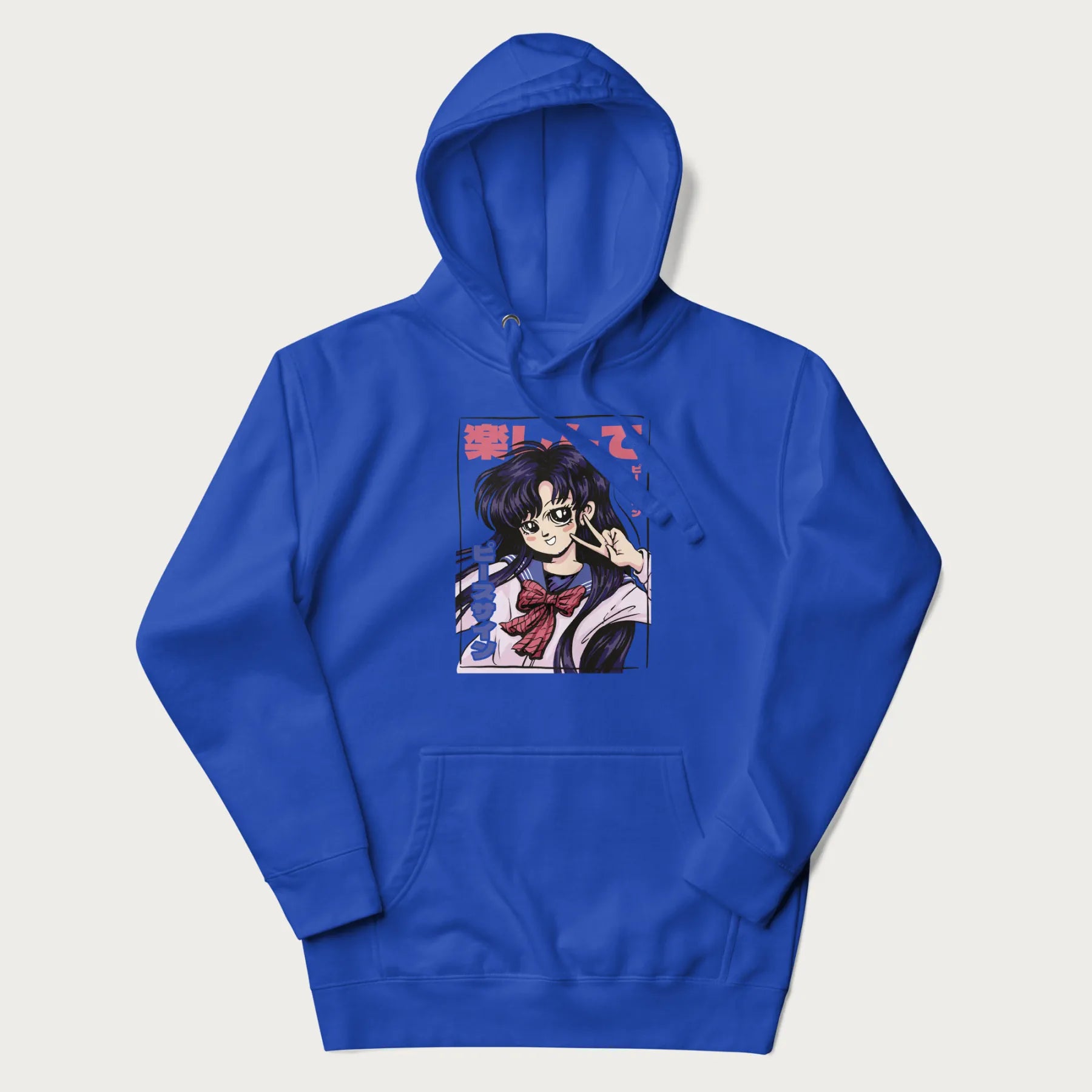 Royal blue hoodie with Japanese graphic of an anime girl making a peace sign, with Japanese text '楽しんで' (Enjoy) and 'ピースサイン' (Peace Sign).