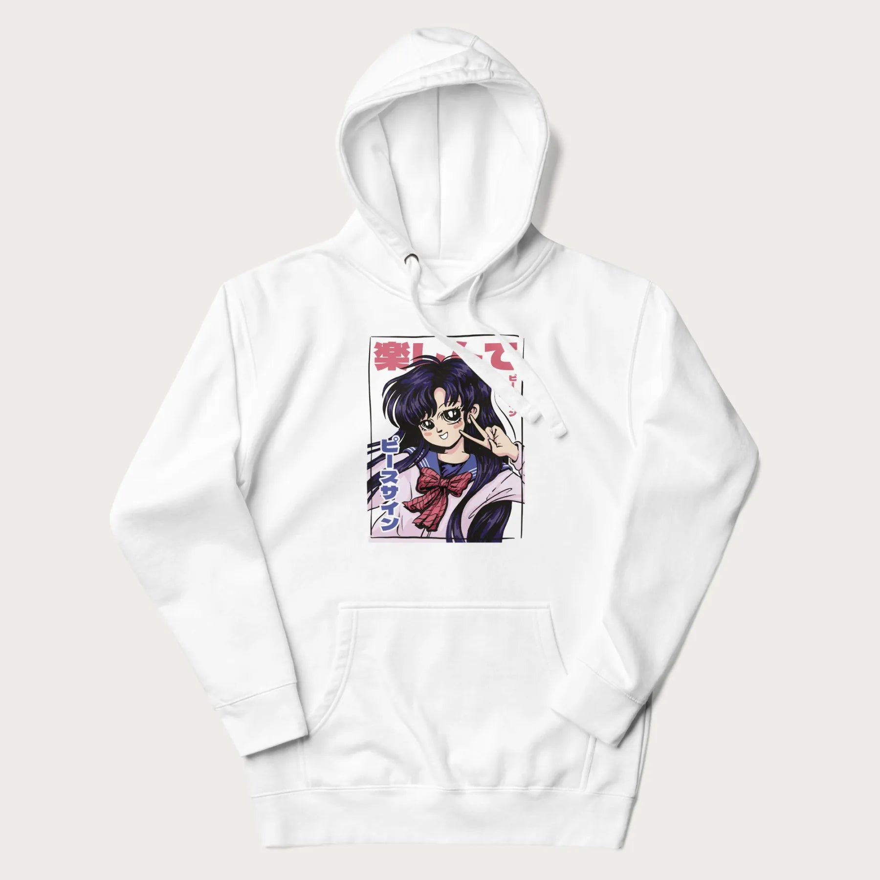 White hoodie with Japanese graphic of an anime girl making a peace sign, with Japanese text '楽しんで' (Enjoy) and 'ピースサイン' (Peace Sign).