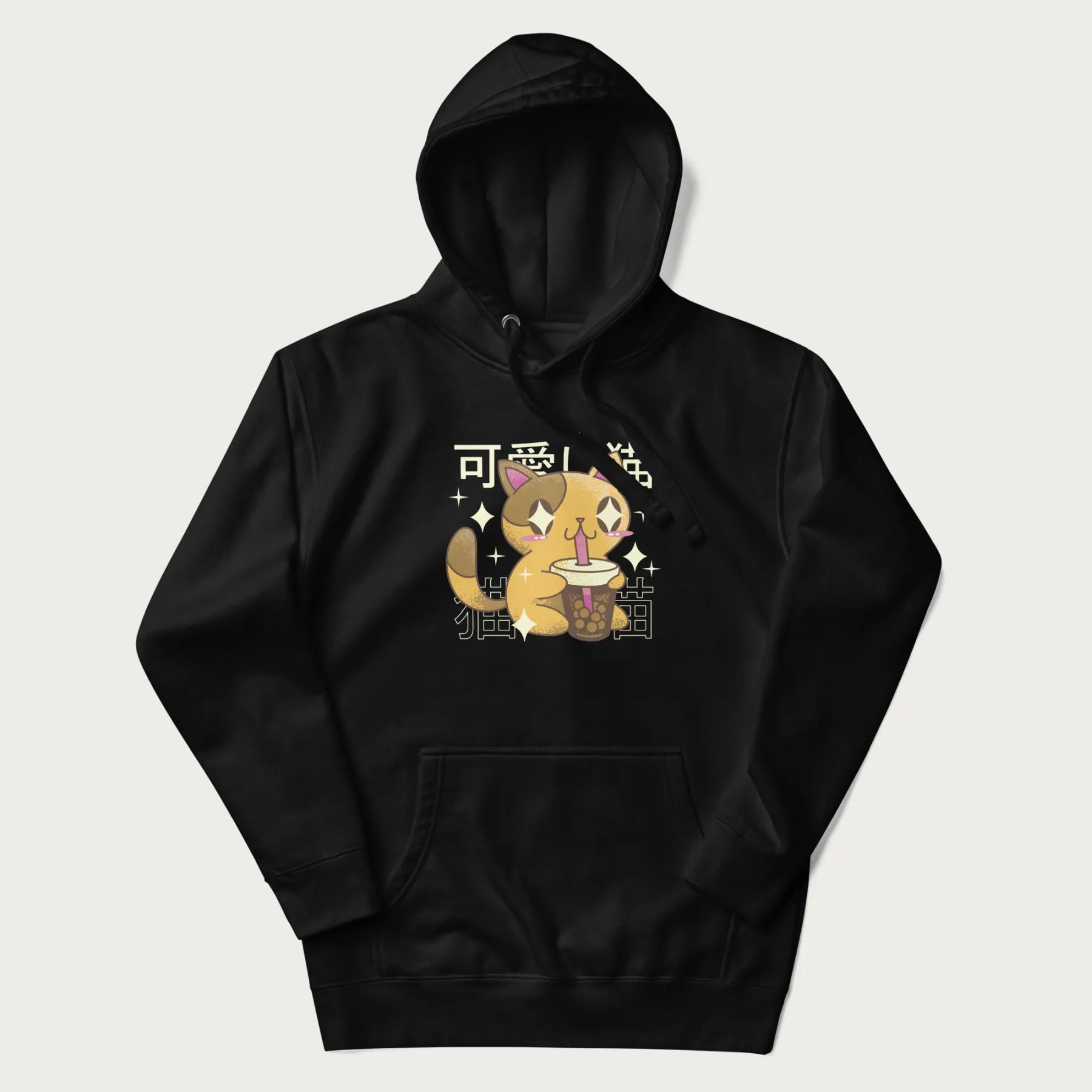 Black hoodie with Japanese graphic of a cute yellow cat drinking bubble tea, with the Japanese text '可愛い猫' (Cute Cat) in the background.