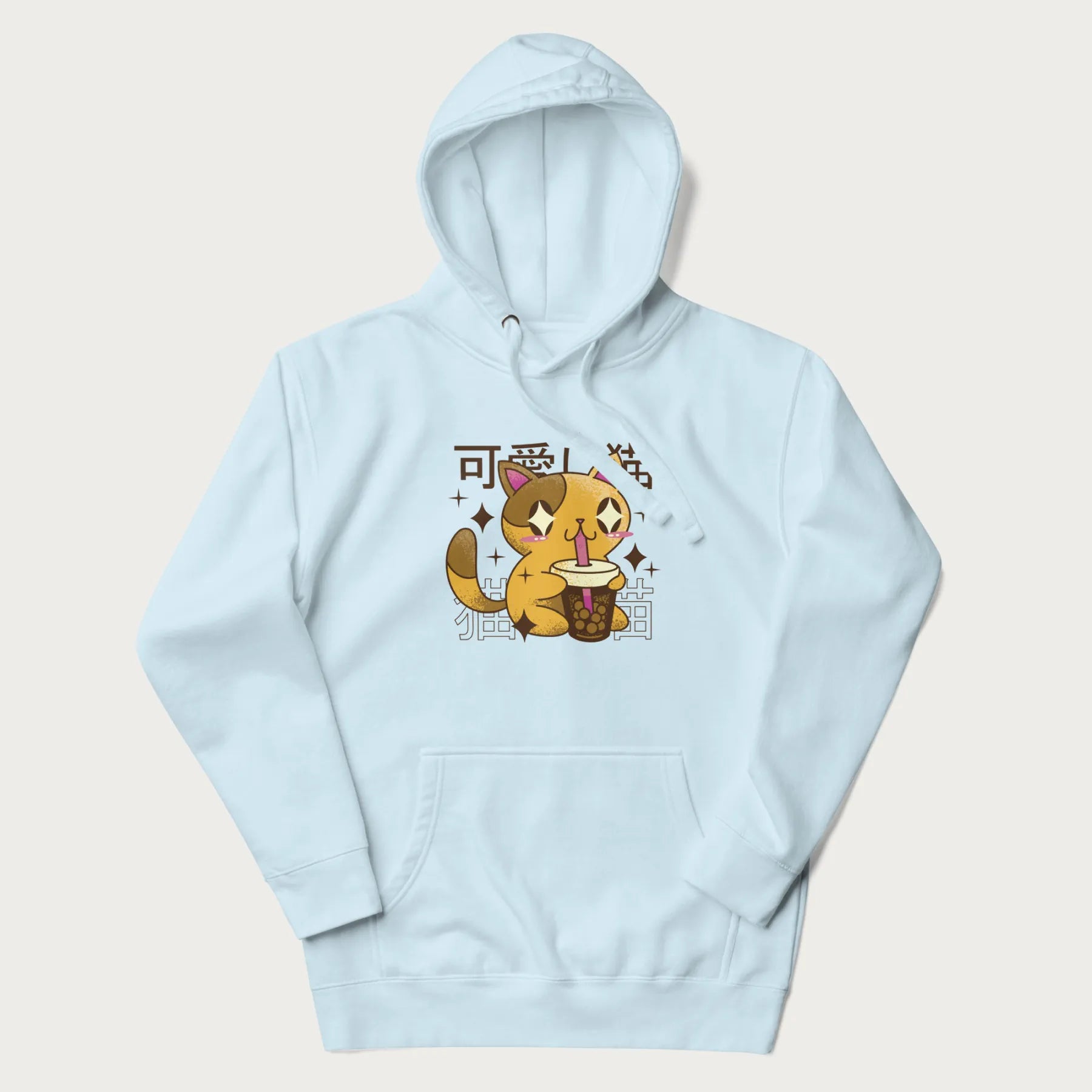 Light blue hoodie with Japanese graphic of a cute yellow cat drinking bubble tea, with the Japanese text '可愛い猫' (Cute Cat) in the background.