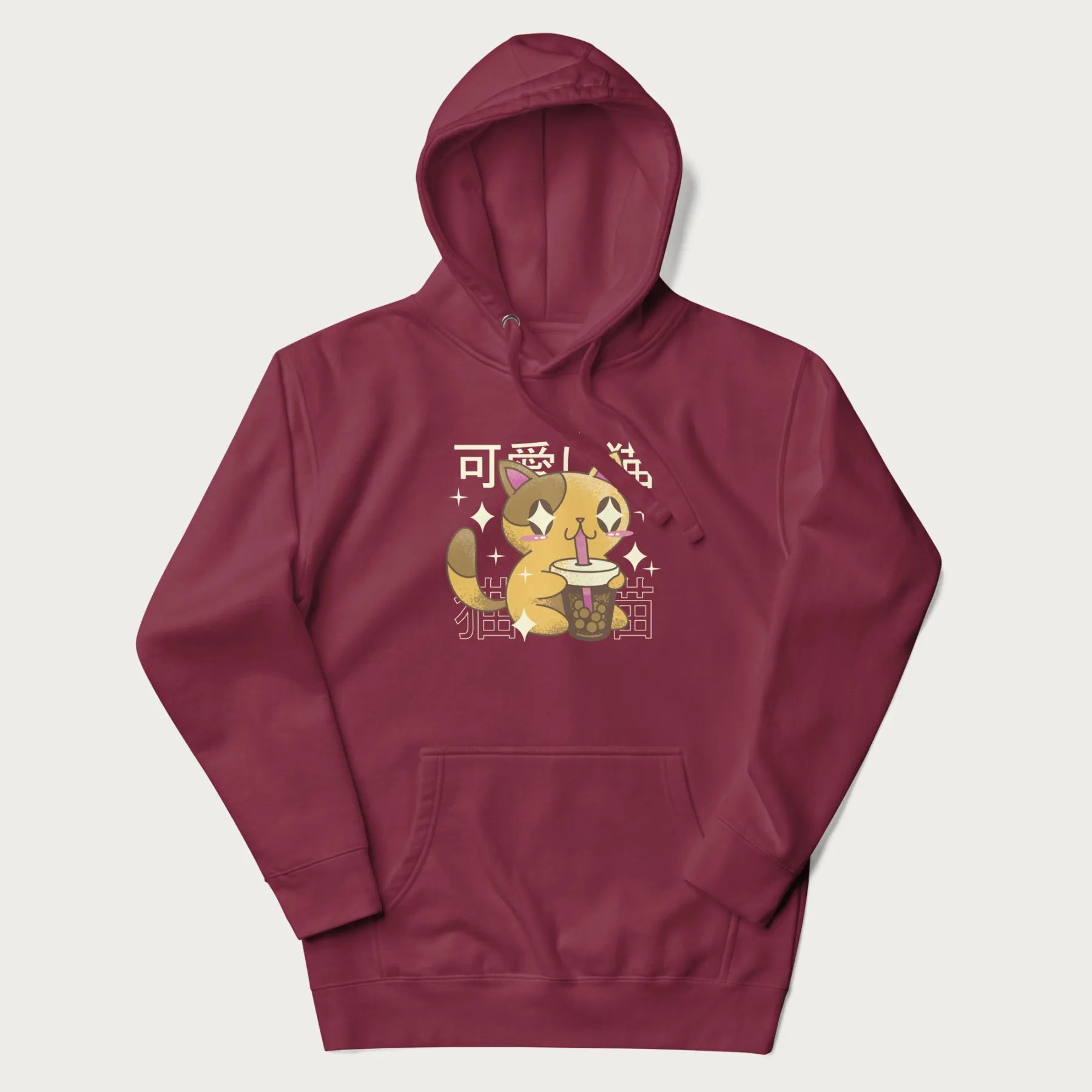 Maroon hoodie with Japanese graphic of a cute yellow cat drinking bubble tea, with the Japanese text '可愛い猫' (Cute Cat) in the background.