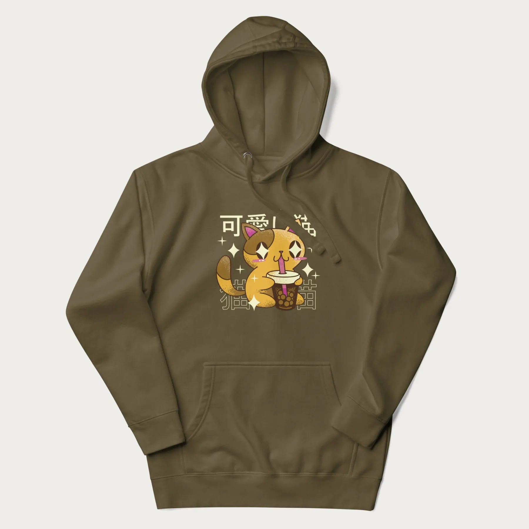 Military green hoodie with Japanese graphic of a cute yellow cat drinking bubble tea, with the Japanese text '可愛い猫' (Cute Cat) in the background.
