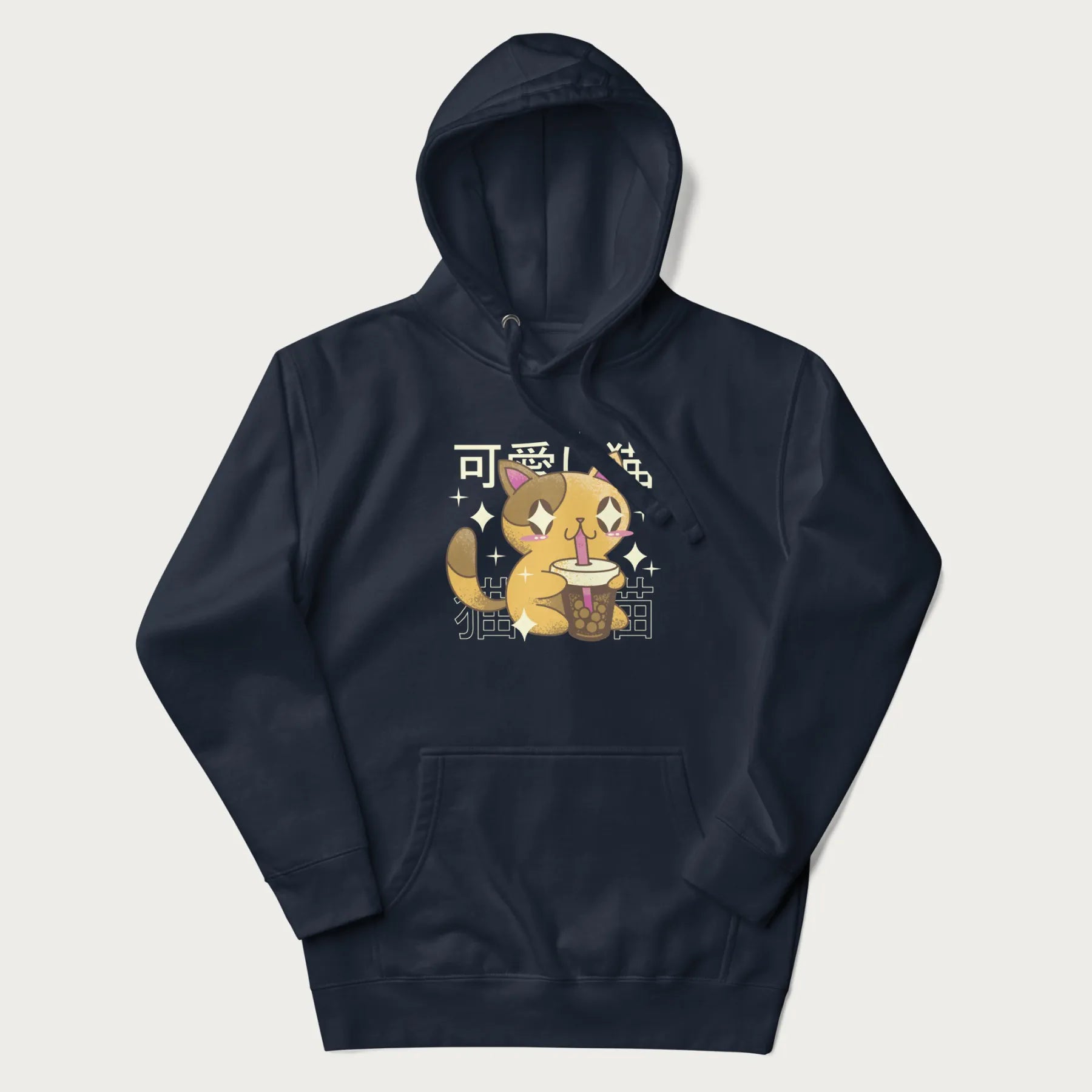 Navy blue hoodie with Japanese graphic of a cute yellow cat drinking bubble tea, with the Japanese text '可愛い猫' (Cute Cat) in the background.