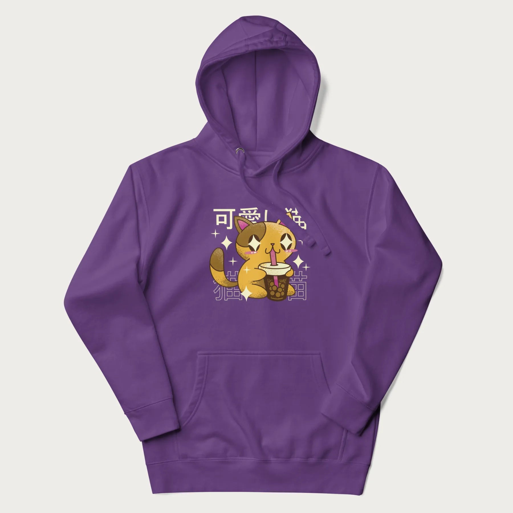 Purple hoodie with Japanese graphic of a cute yellow cat drinking bubble tea, with the Japanese text '可愛い猫' (Cute Cat) in the background.