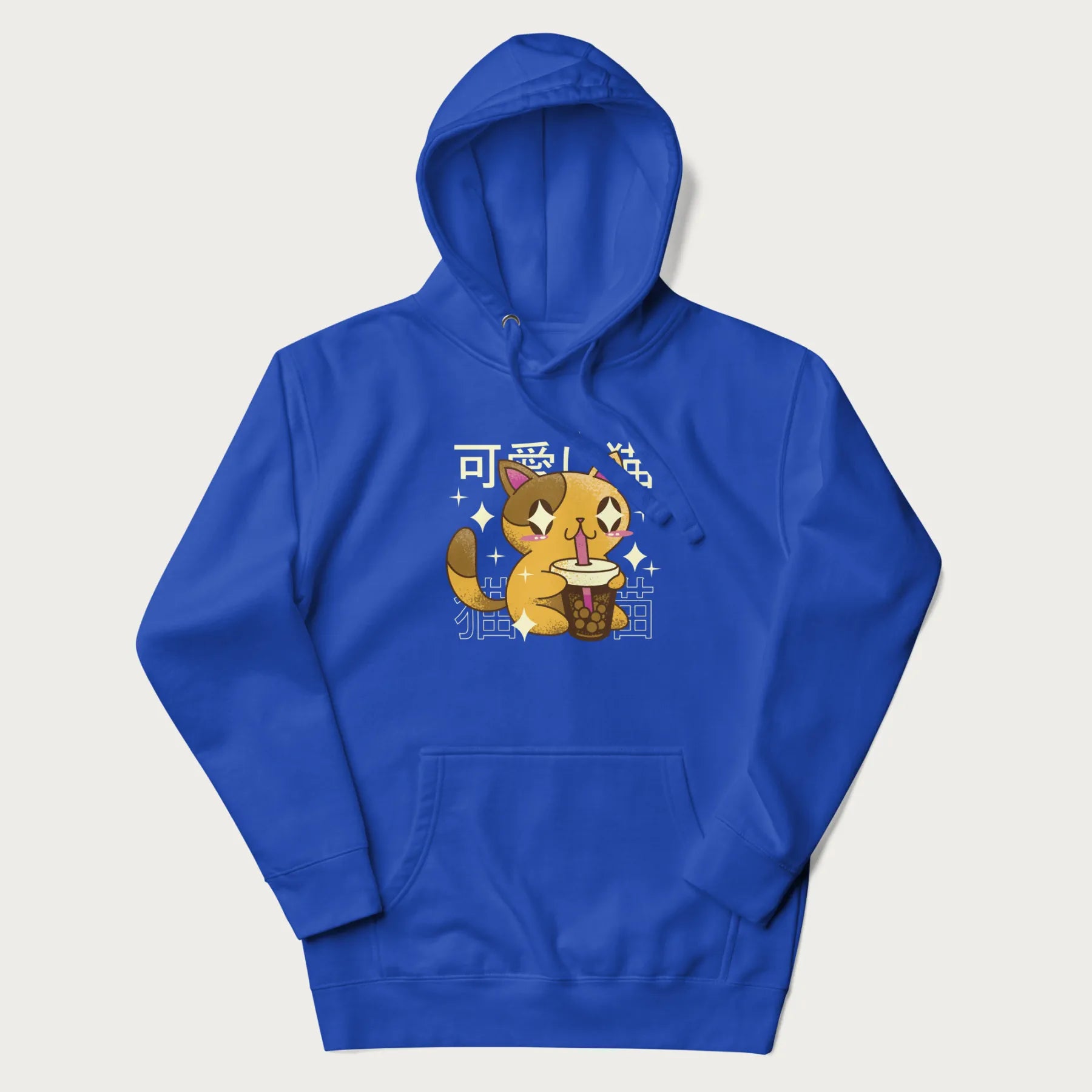 Royal blue hoodie with Japanese graphic of a cute yellow cat drinking bubble tea, with the Japanese text '可愛い猫' (Cute Cat) in the background.