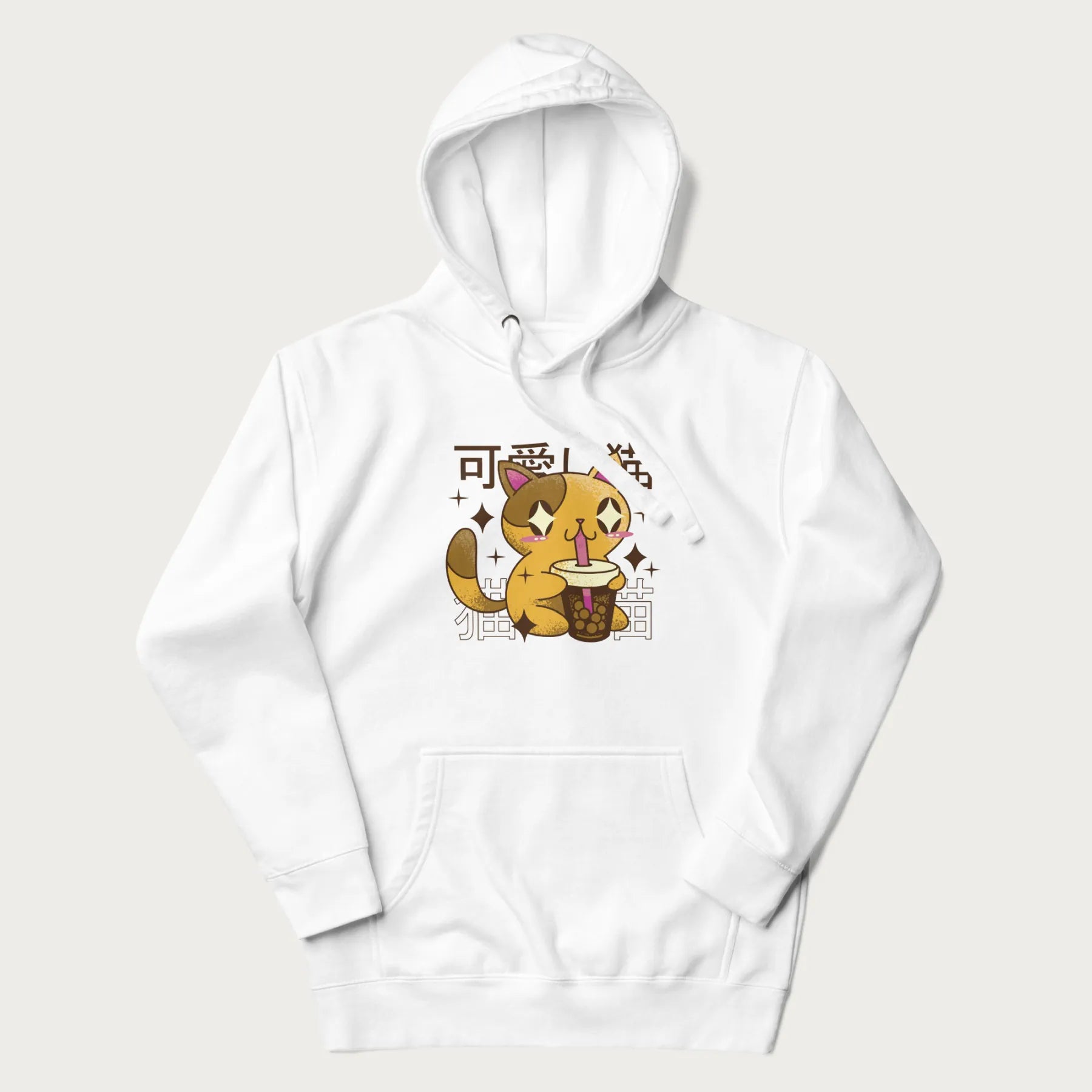 White hoodie with Japanese graphic of a cute yellow cat drinking bubble tea, with the Japanese text '可愛い猫' (Cute Cat) in the background.