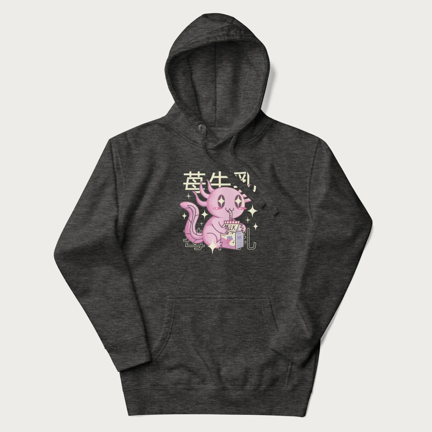 Dark grey hoodie with Japanese graphic of a cute pink axolotl sipping strawberry milk from a carton, with Japanese text '苺牛乳' (Strawberry Milk).