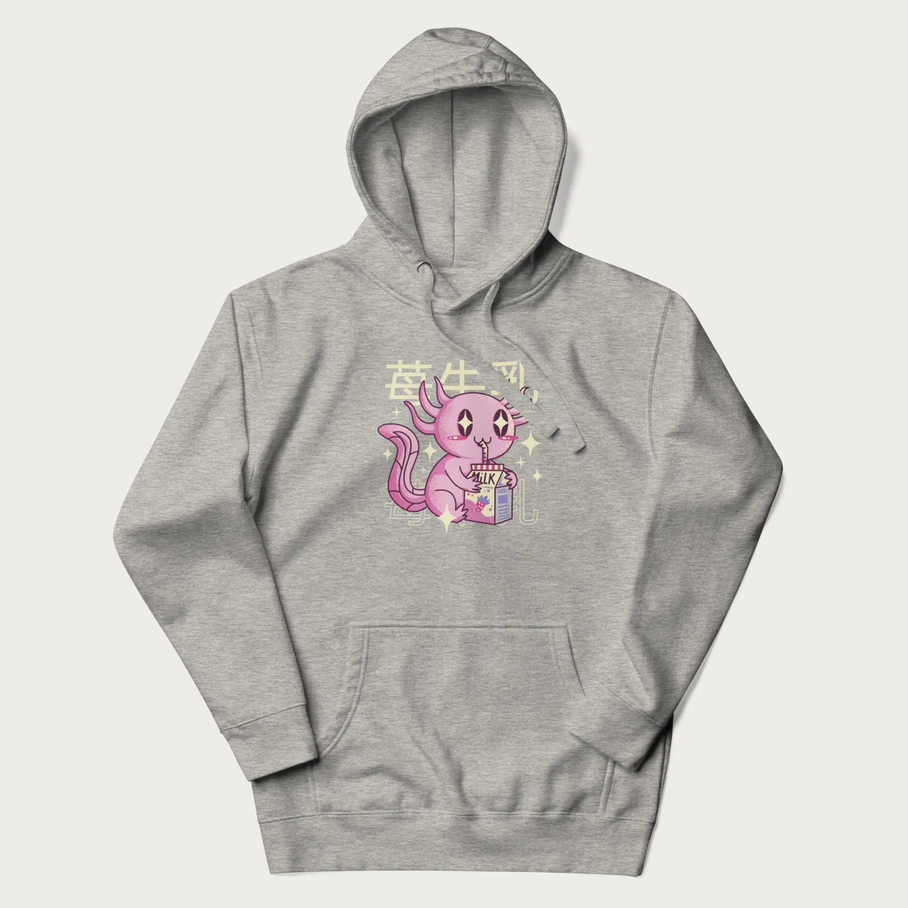 Light grey hoodie with Japanese graphic of a cute pink axolotl sipping strawberry milk from a carton, with Japanese text '苺牛乳' (Strawberry Milk).