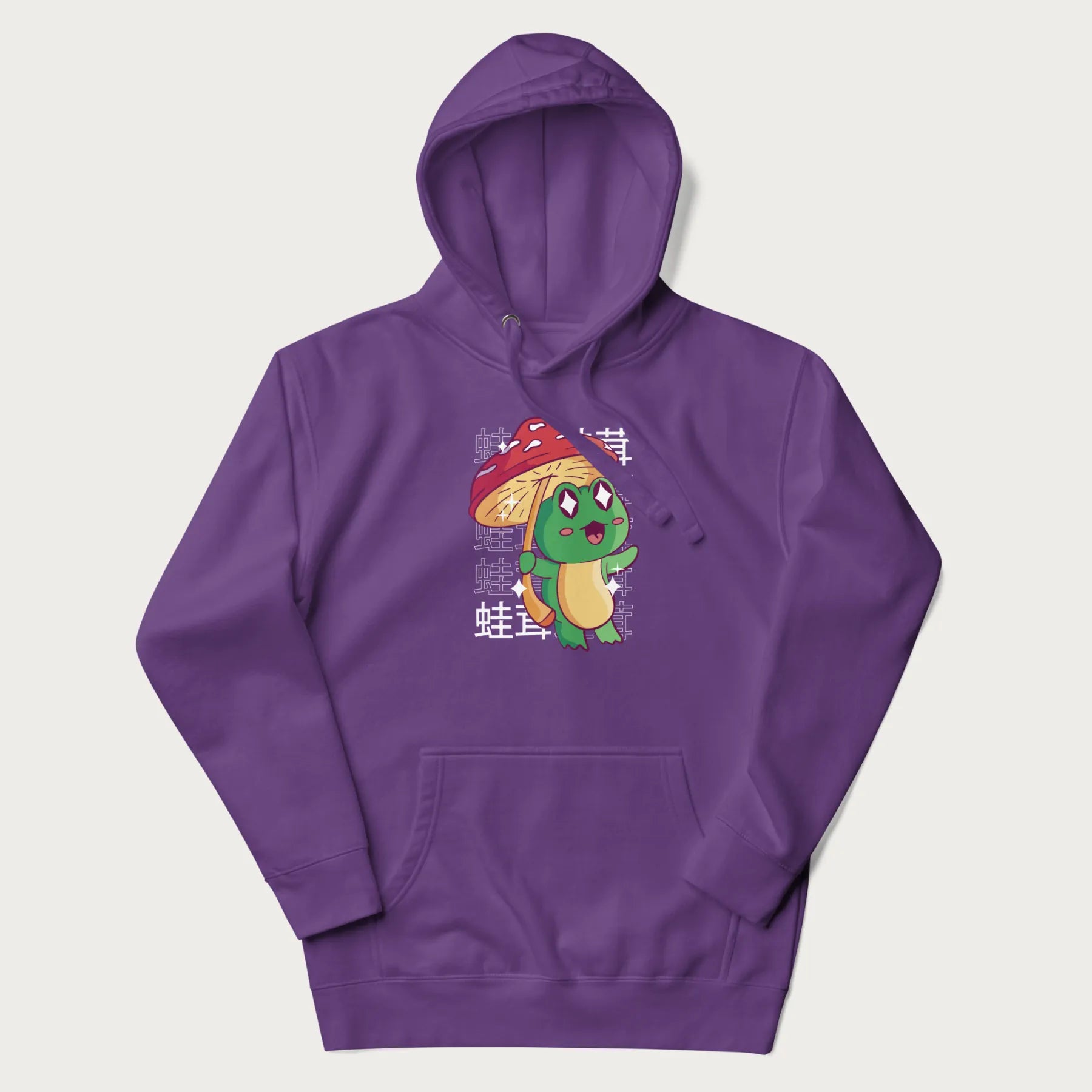 Purple hoodie with Japanese graphic of a cute green frog holding a red mushroom and Japanese text '蛙茸' in the background.