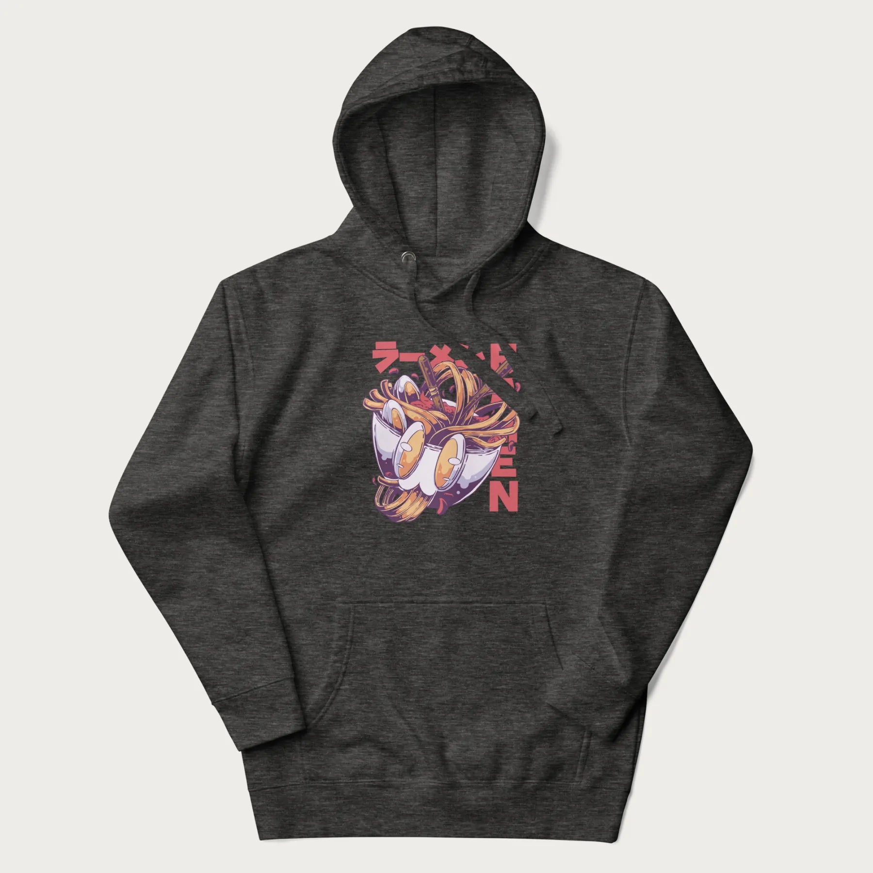 Dark grey hoodie with Japanese graphic of a ramen bowl with noodles, eggs and Japanese text 'ラーメン' (Ramen) in bold red text.