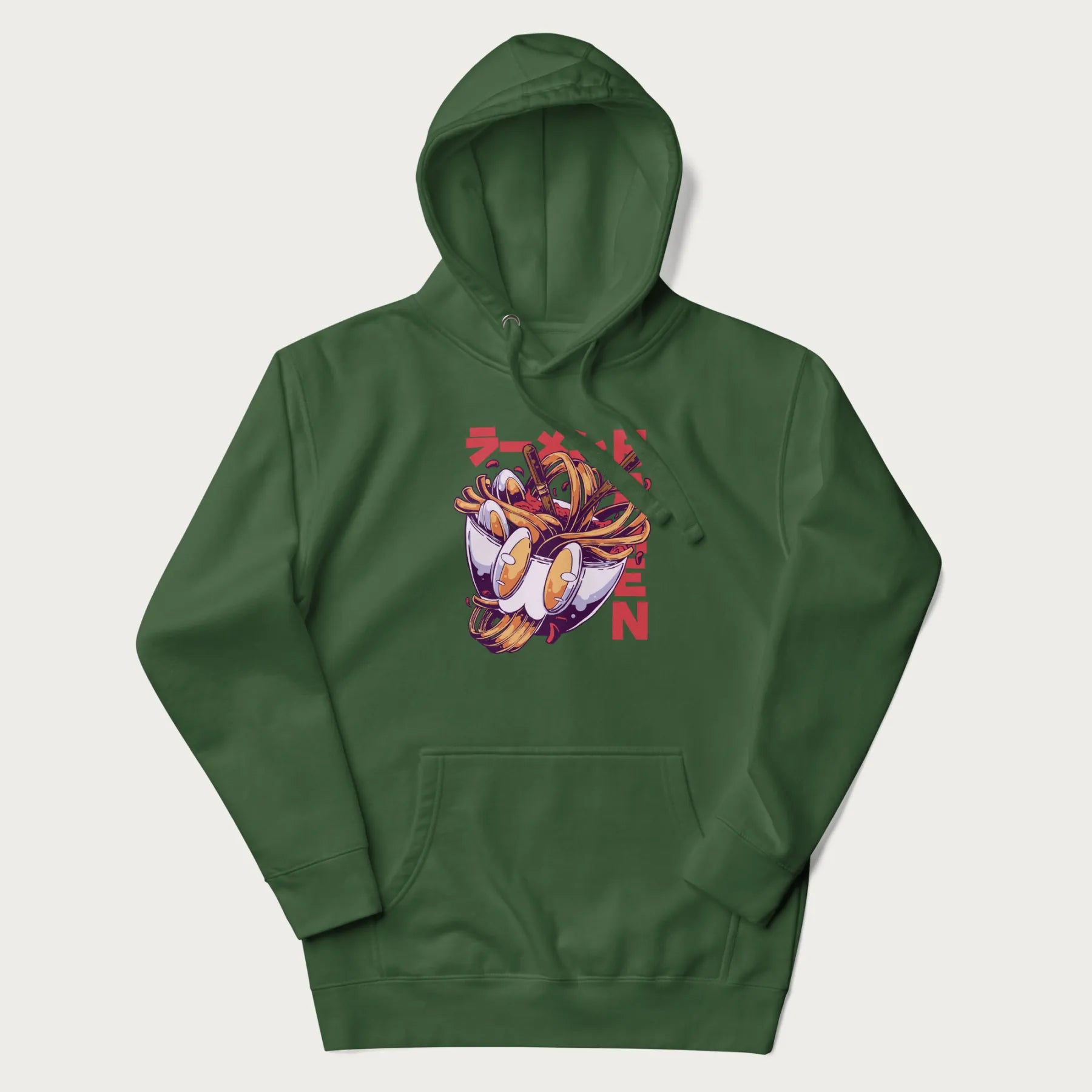 Forest green hoodie with Japanese graphic of a ramen bowl with noodles, eggs and Japanese text 'ラーメン' (Ramen) in bold red text.