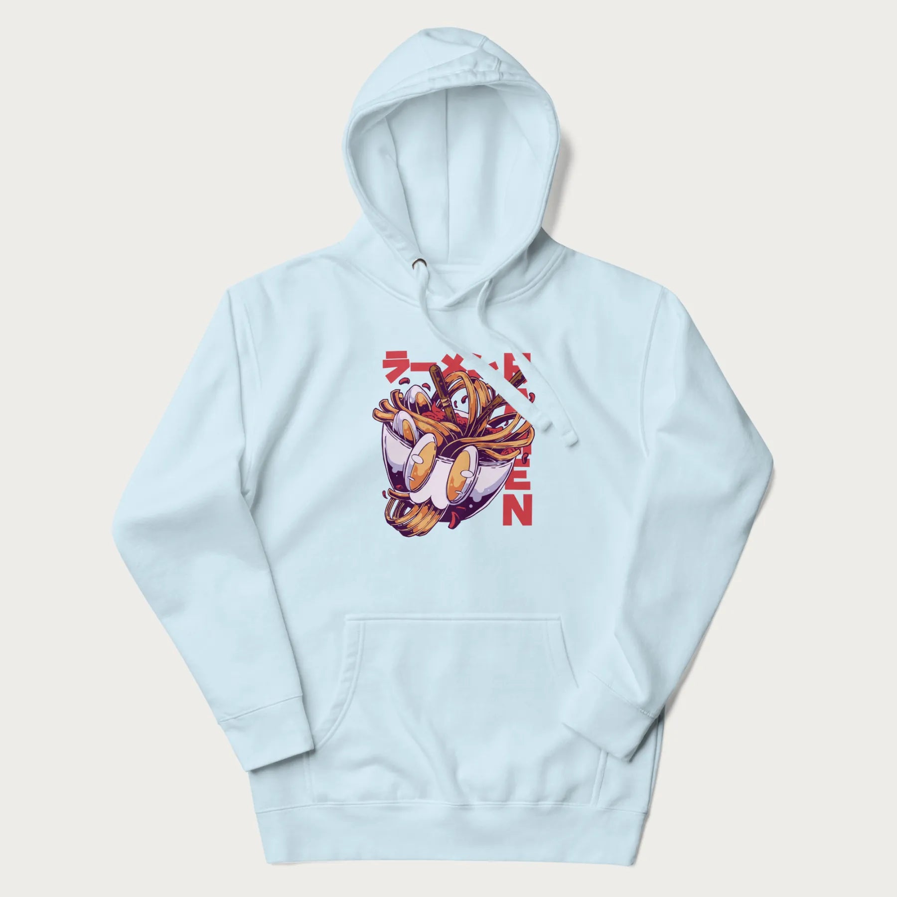 Light blue hoodie with Japanese graphic of a ramen bowl with noodles, eggs and Japanese text 'ラーメン' (Ramen) in bold red text.