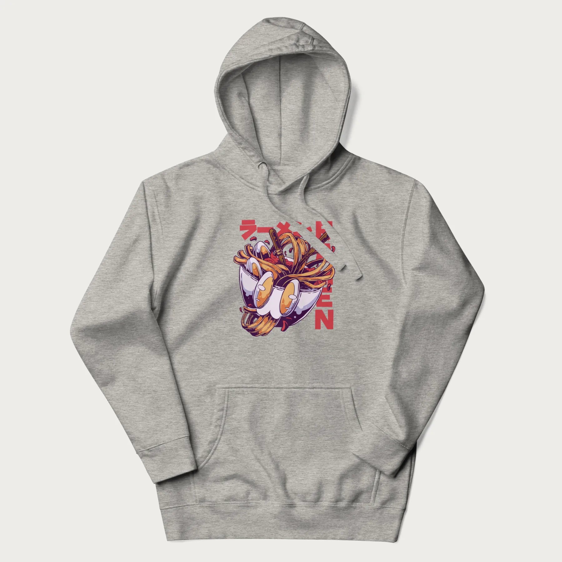 Light grey hoodie with Japanese graphic of a ramen bowl with noodles, eggs and Japanese text 'ラーメン' (Ramen) in bold red text.