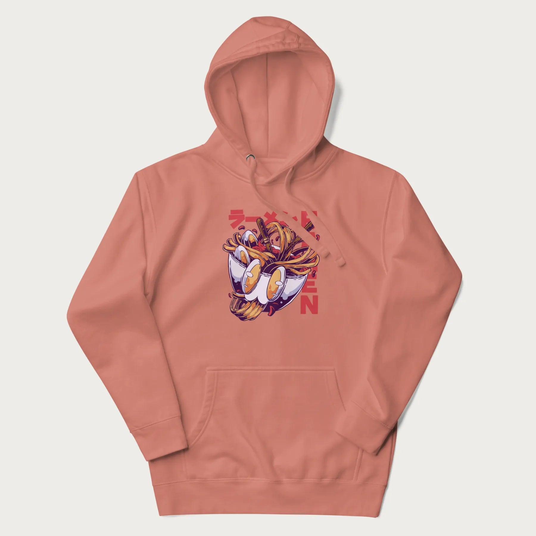Light pink hoodie with Japanese graphic of a ramen bowl with noodles, eggs and Japanese text 'ラーメン' (Ramen) in bold red text.