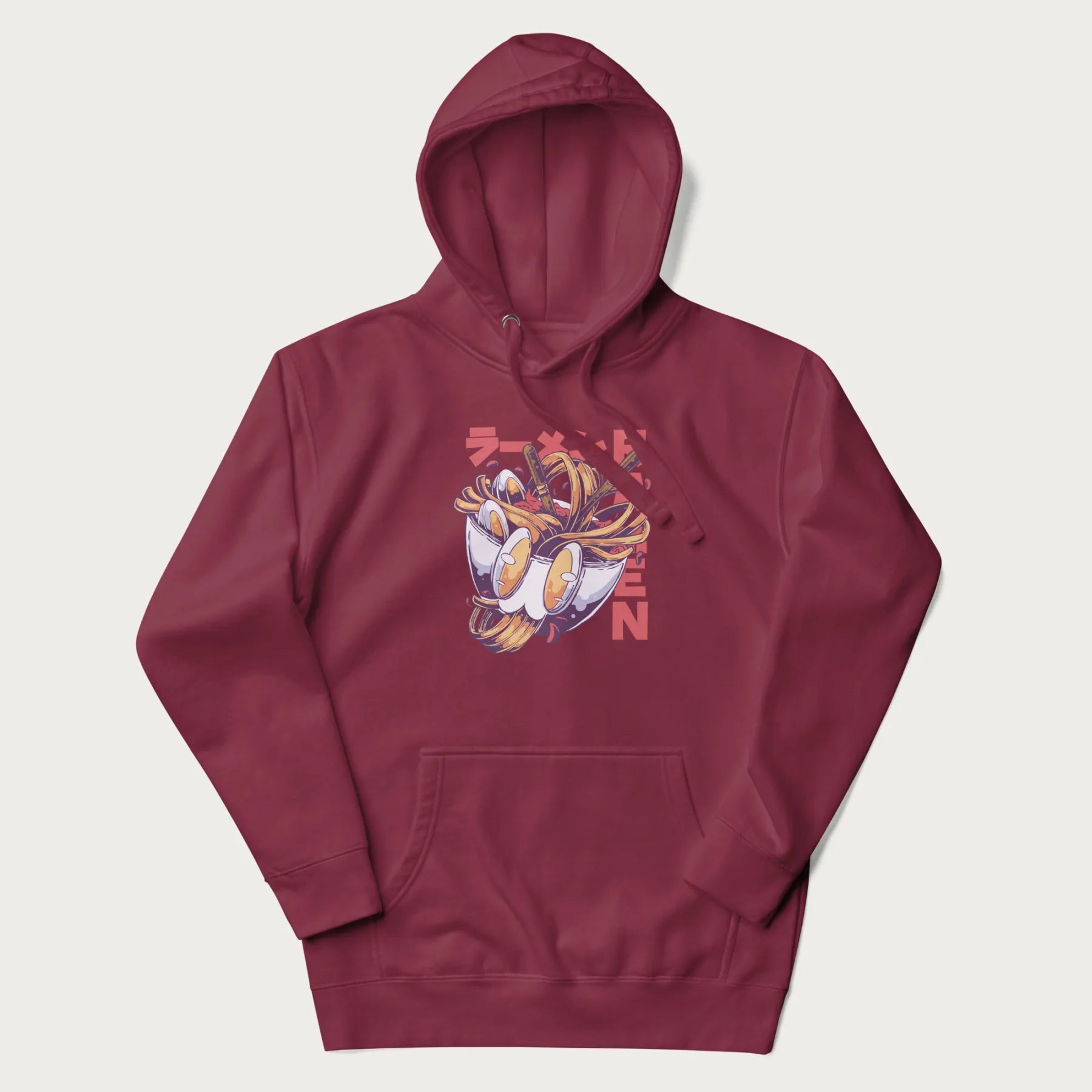 Maroon hoodie with Japanese graphic of a ramen bowl with noodles, eggs and Japanese text 'ラーメン' (Ramen) in bold red text.