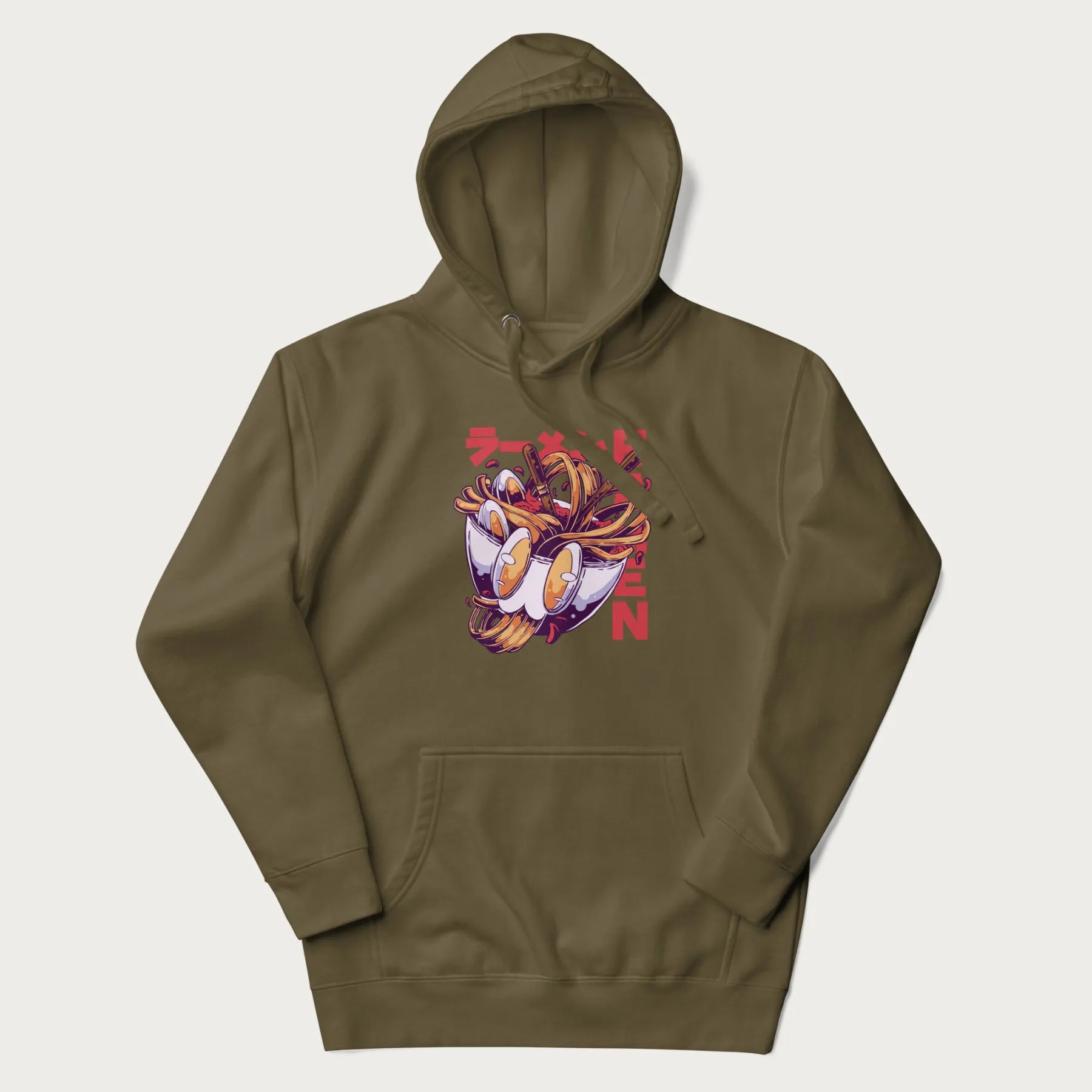 Military green hoodie with Japanese graphic of a ramen bowl with noodles, eggs and Japanese text 'ラーメン' (Ramen) in bold red text.