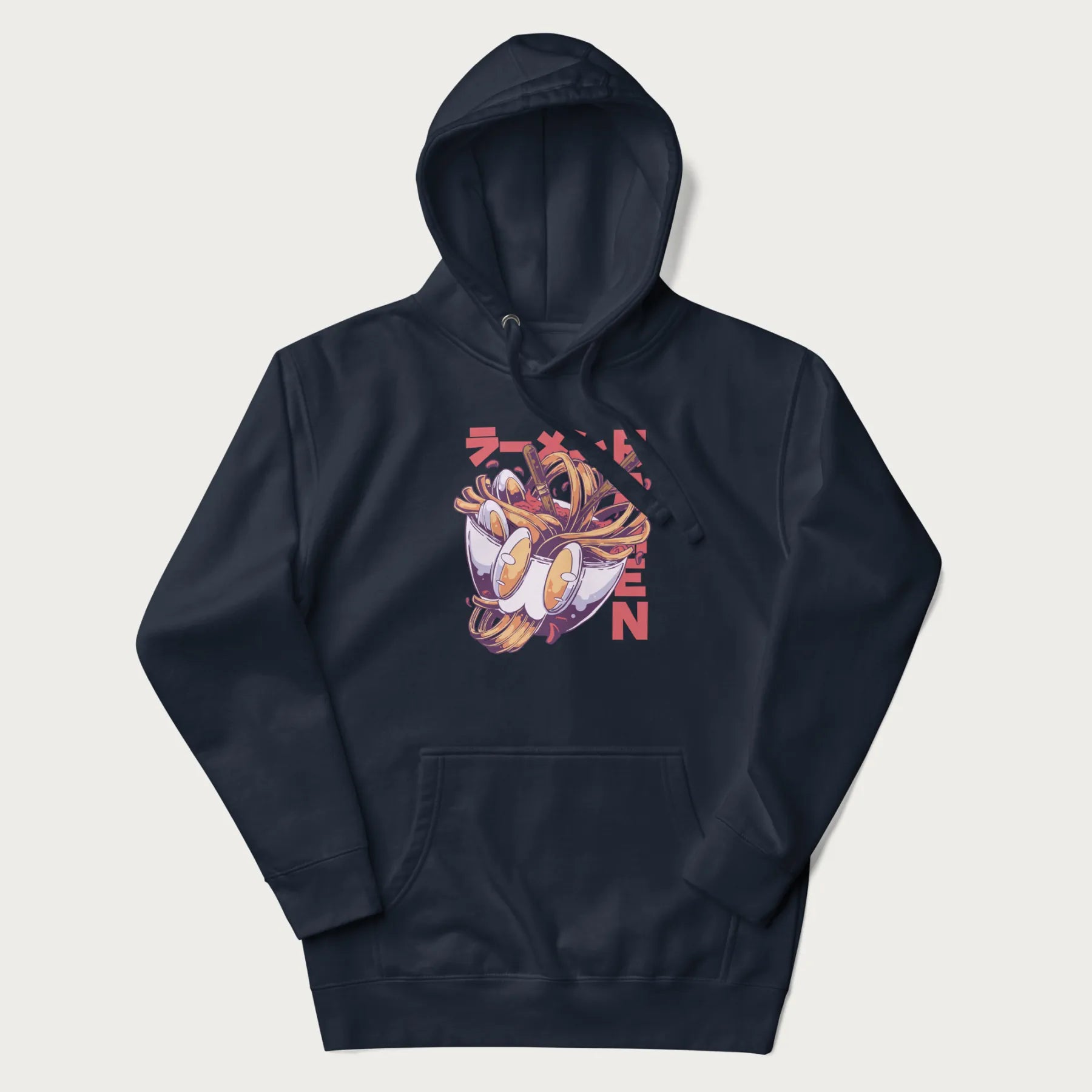 Navy blue hoodie with Japanese graphic of a ramen bowl with noodles, eggs and Japanese text 'ラーメン' (Ramen) in bold red text.