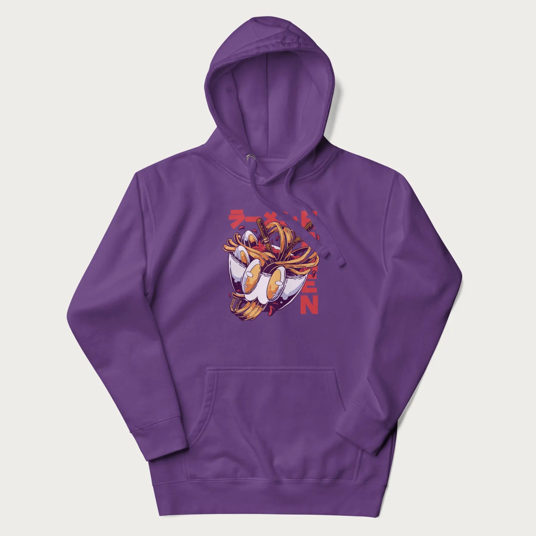 Purple hoodie with Japanese graphic of a ramen bowl with noodles, eggs and Japanese text 'ラーメン' (Ramen) in bold red text.