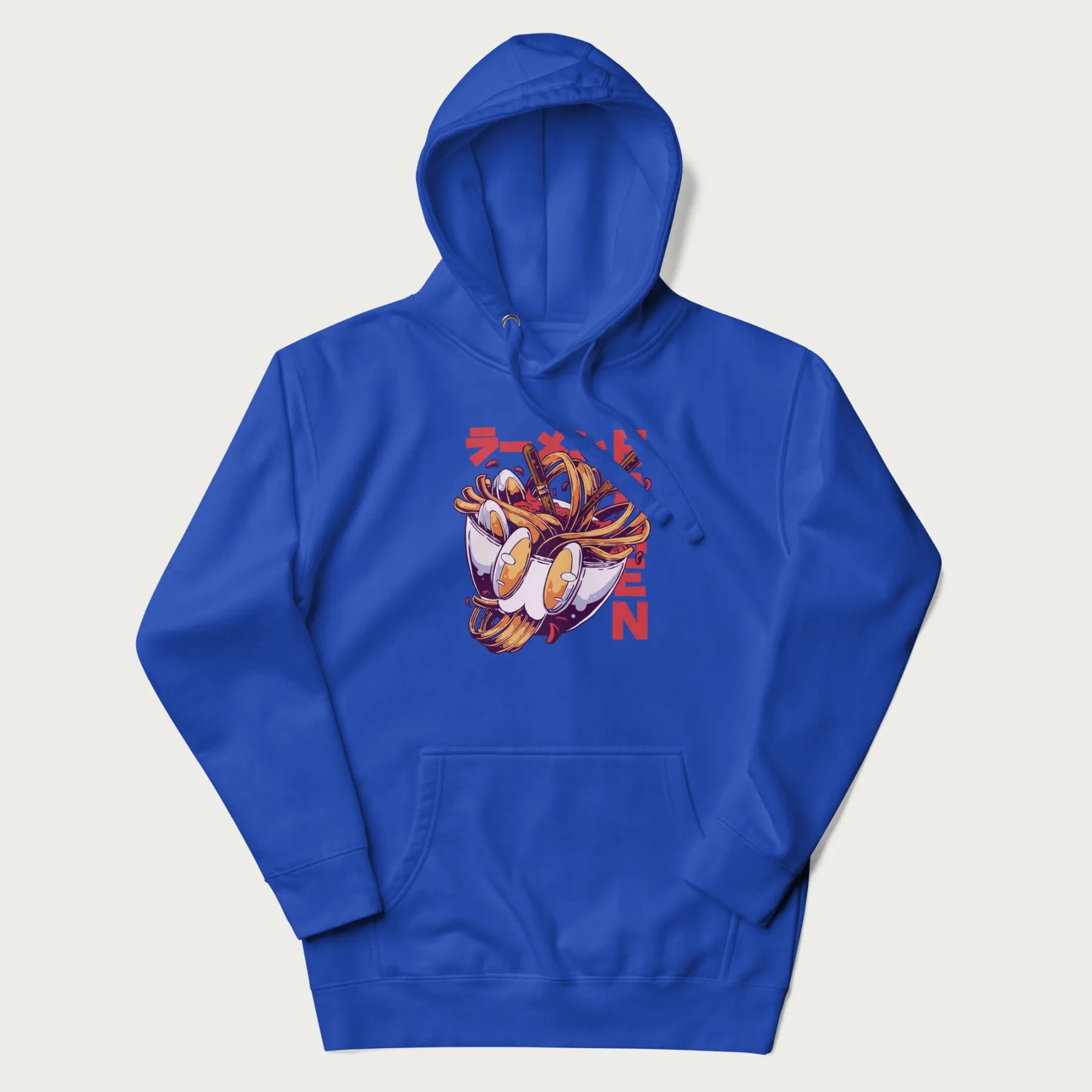 Royal blue hoodie with Japanese graphic of a ramen bowl with noodles, eggs and Japanese text 'ラーメン' (Ramen) in bold red text.