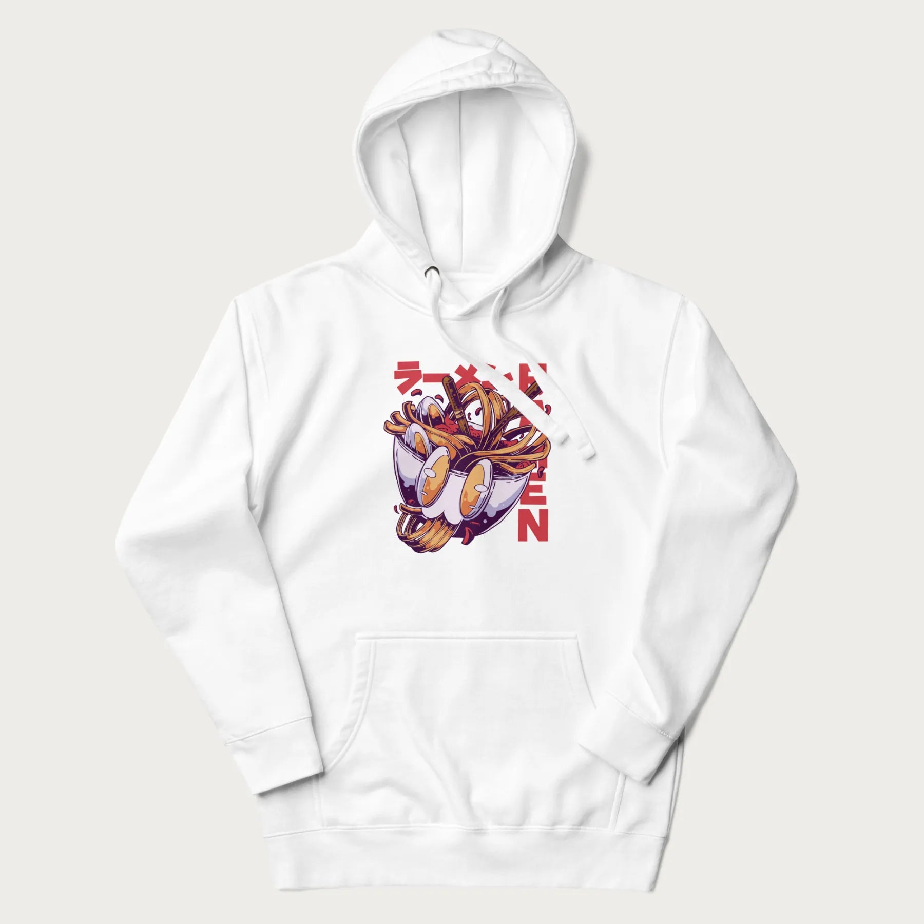 White hoodie with Japanese graphic of a ramen bowl with noodles, eggs and Japanese text 'ラーメン' (Ramen) in bold red text.