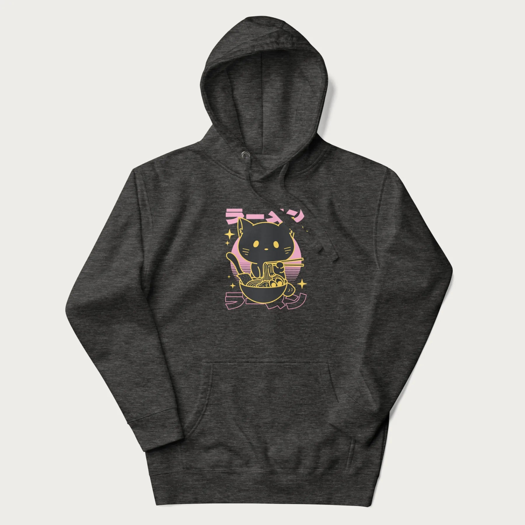 Dark grey hoodie with Japanese text 'ラーメン' (ramen) and a retro design of a cute black cat eating ramen.