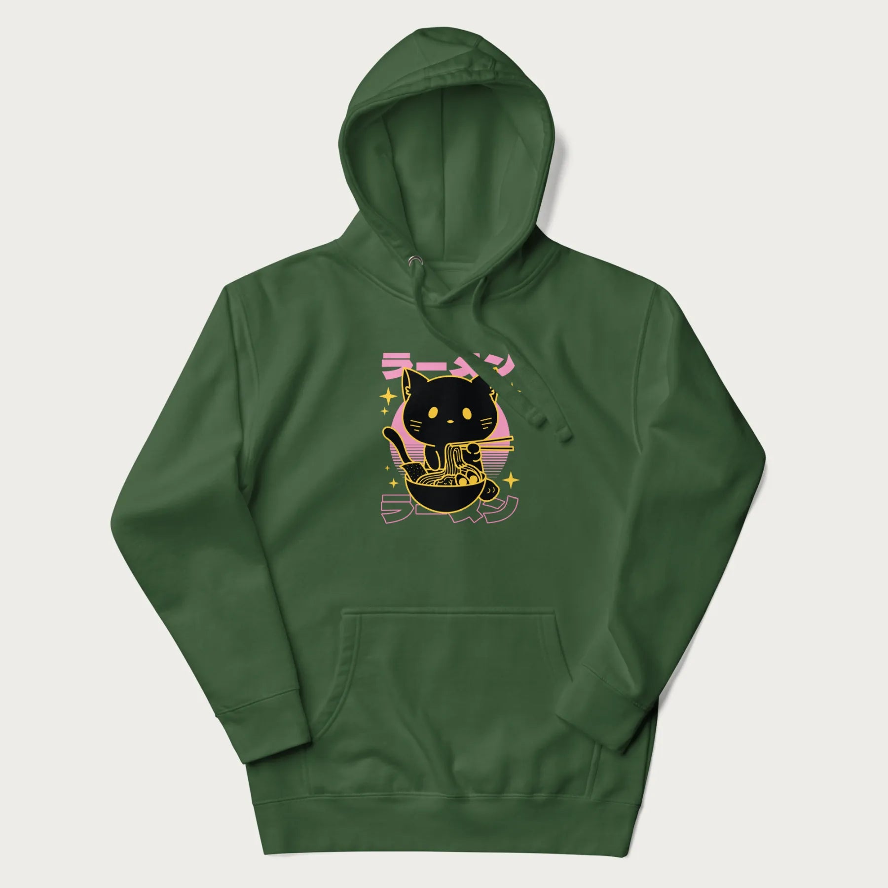 Forest green hoodie with Japanese text 'ラーメン' (ramen) and a retro design of a cute black cat eating ramen.