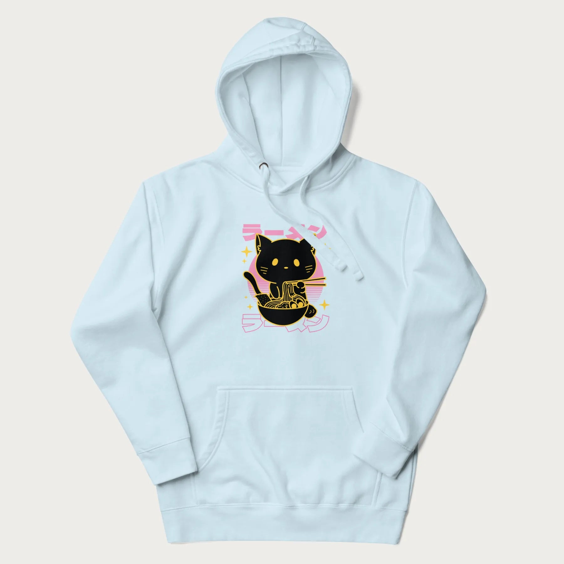 Light blue hoodie with Japanese text 'ラーメン' (ramen) and a retro design of a cute black cat eating ramen.