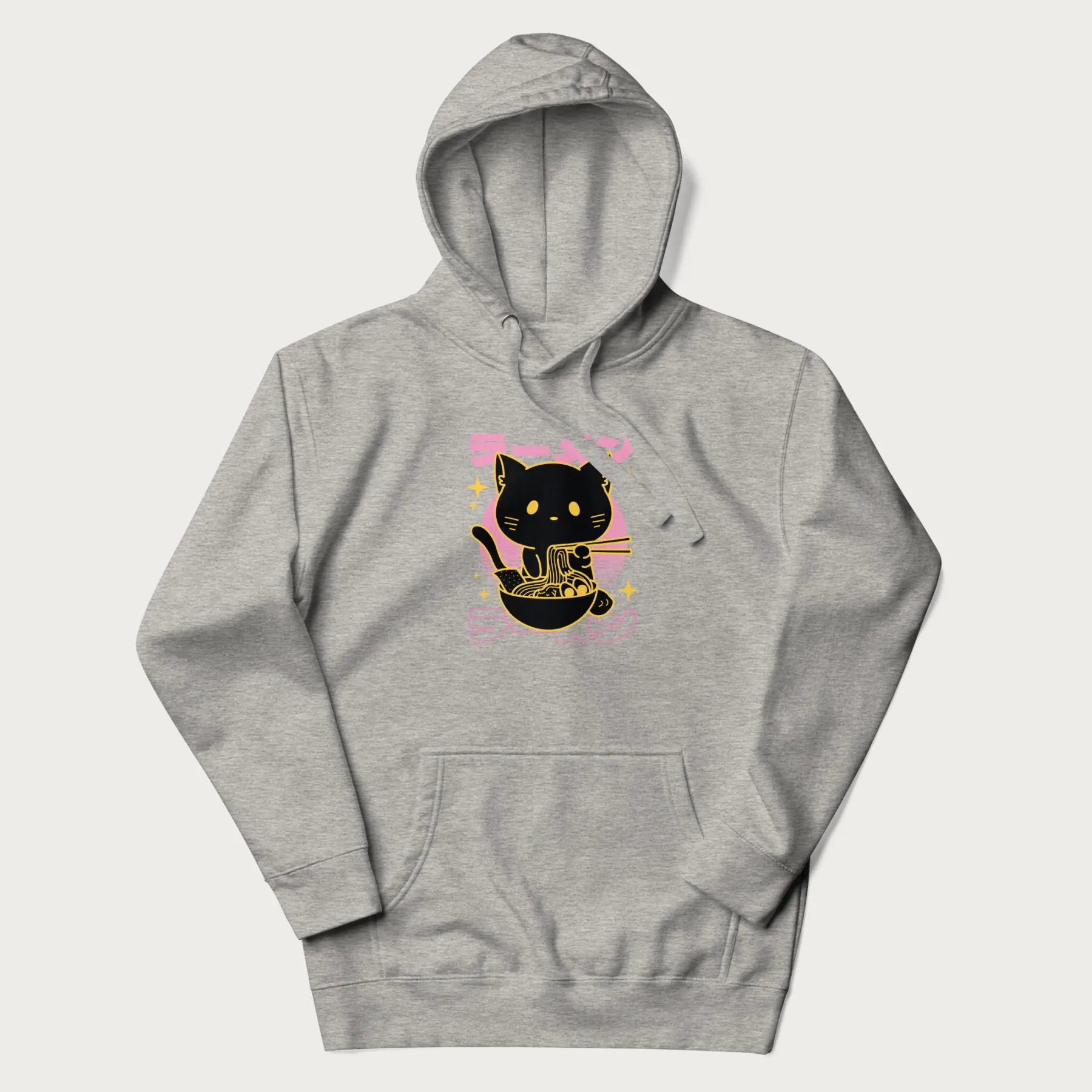 Light grey hoodie with Japanese text 'ラーメン' (ramen) and a retro design of a cute black cat eating ramen.