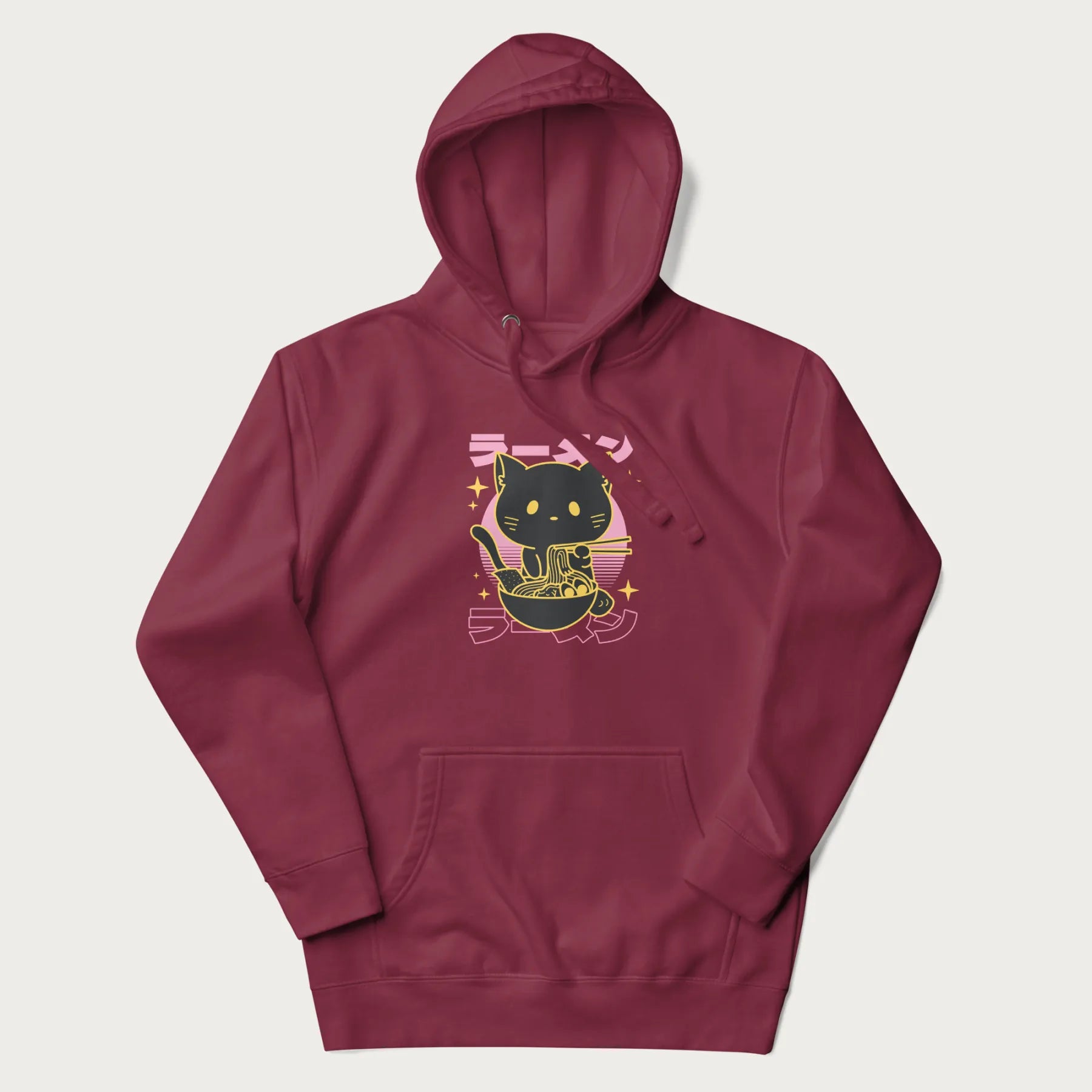 Maroon hoodie with Japanese text 'ラーメン' (ramen) and a retro design of a cute black cat eating ramen.