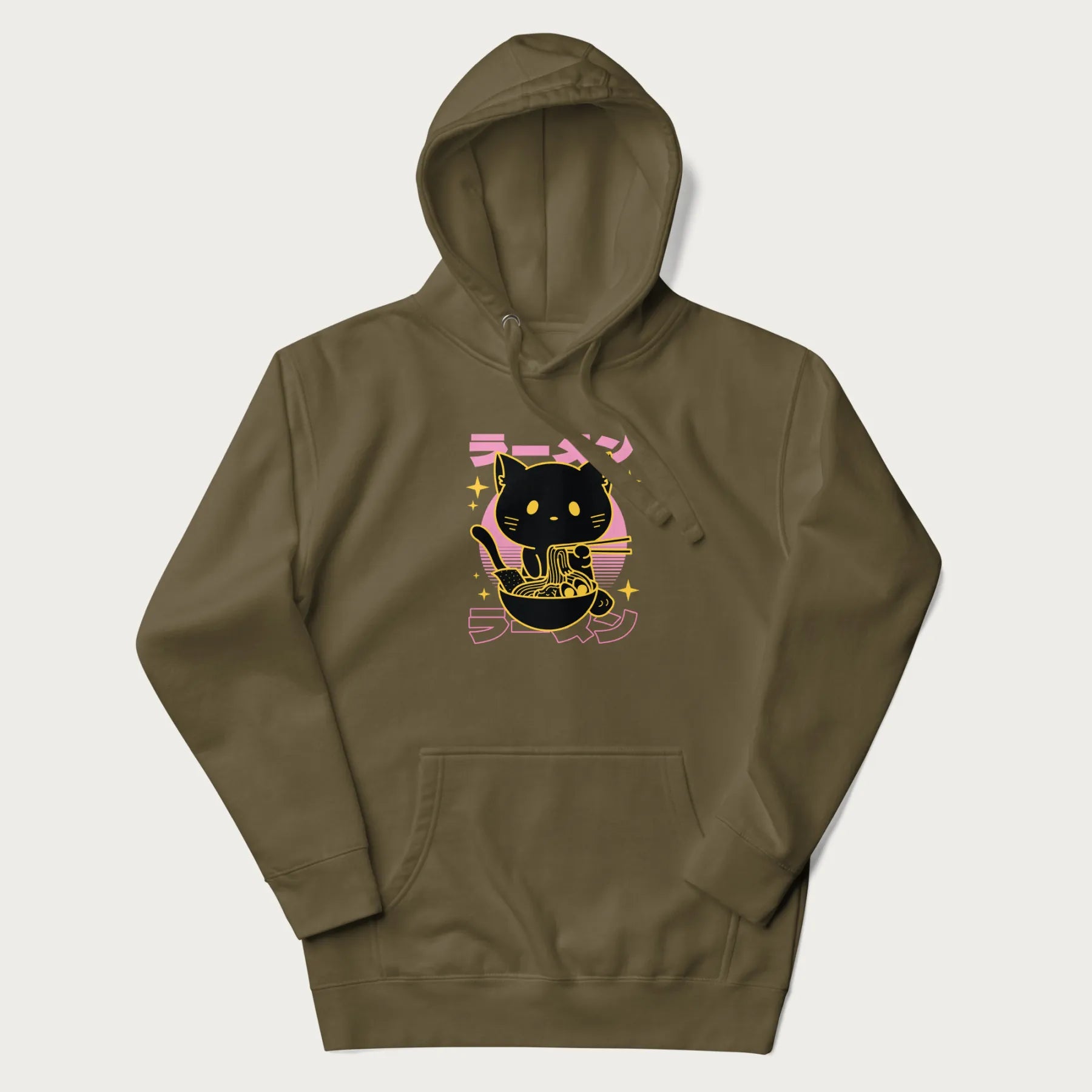 Military green hoodie with Japanese text 'ラーメン' (ramen) and a retro design of a cute black cat eating ramen.