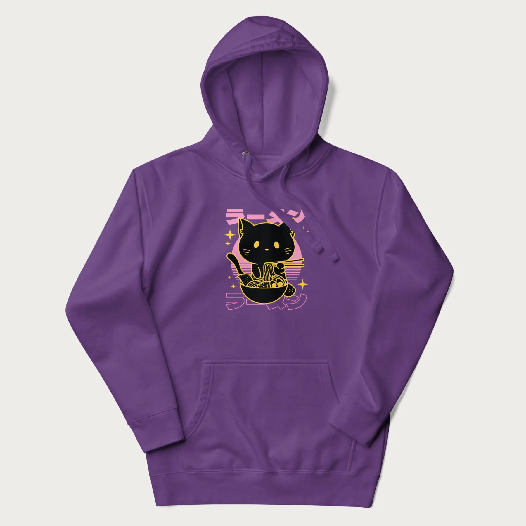 Purple hoodie with Japanese text 'ラーメン' (ramen) and a retro design of a cute black cat eating ramen.