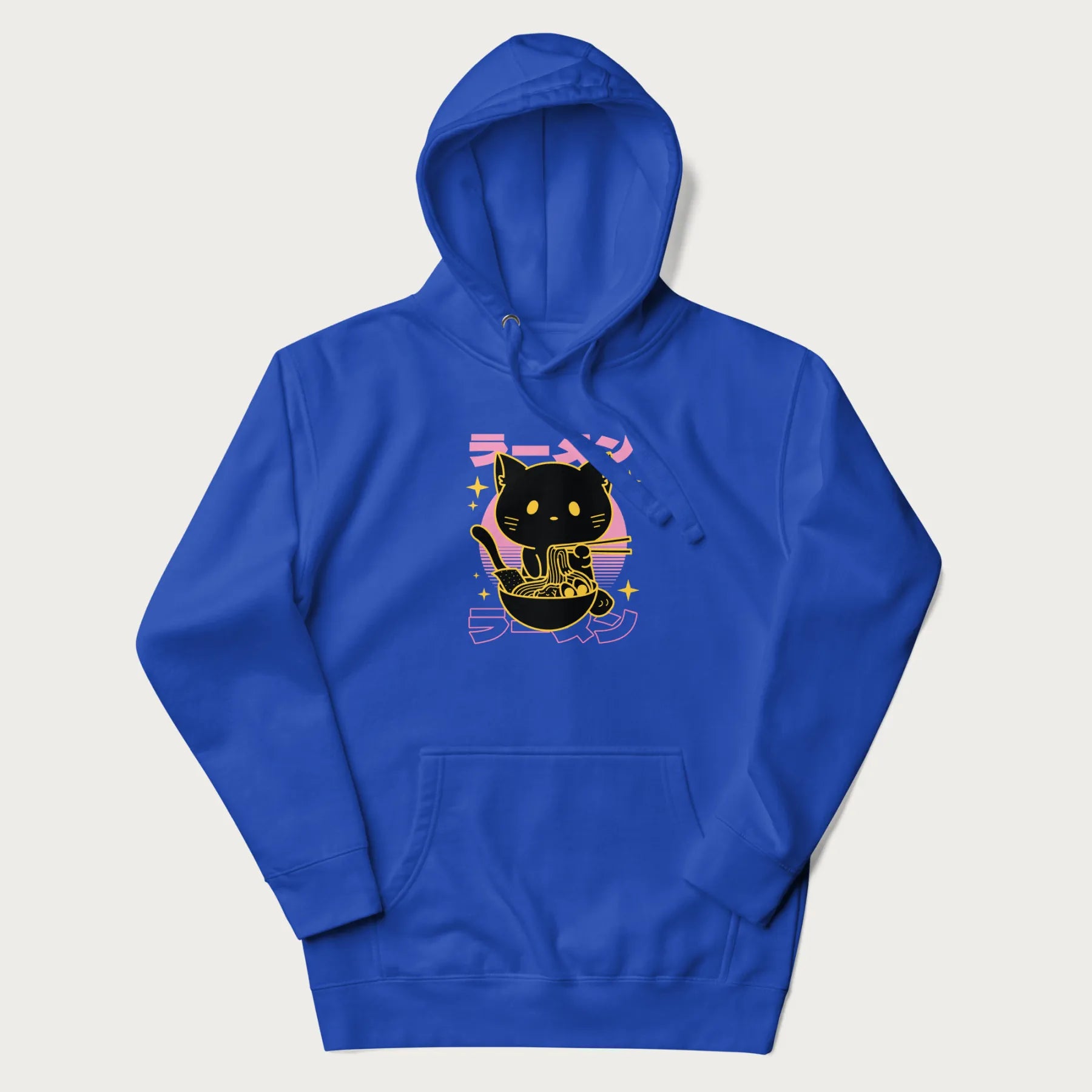 Royal blue hoodie with Japanese text 'ラーメン' (ramen) and a retro design of a cute black cat eating ramen.