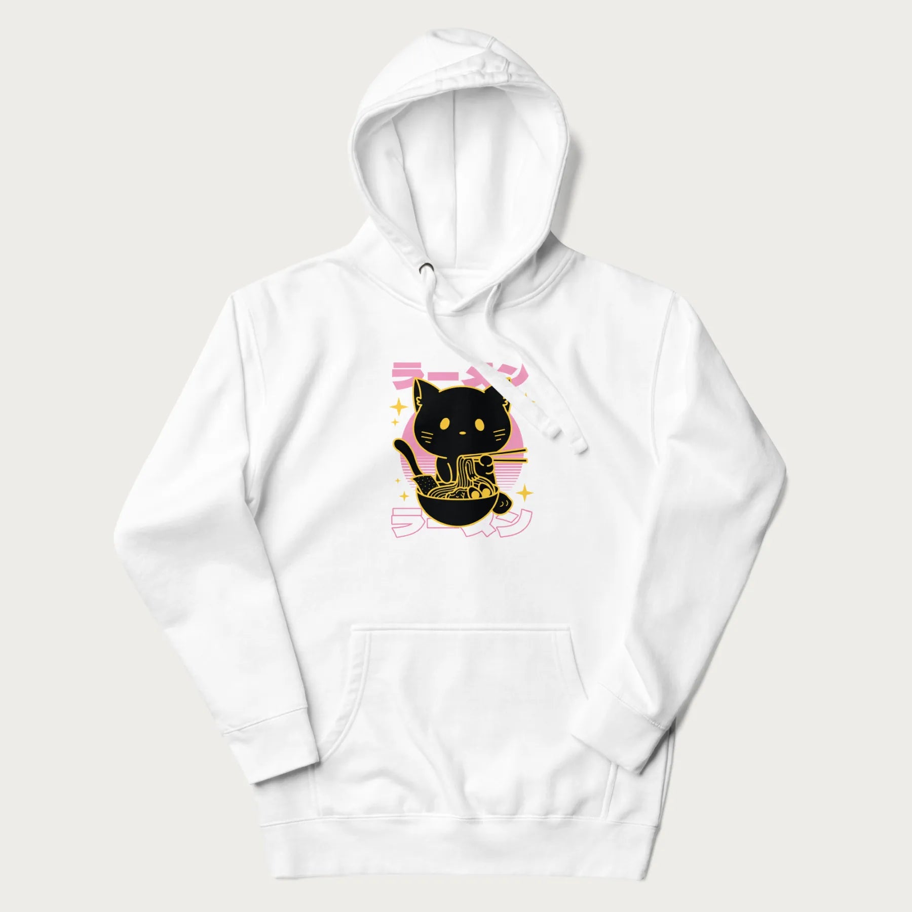 White hoodie with Japanese text 'ラーメン' (ramen) and a retro design of a cute black cat eating ramen.
