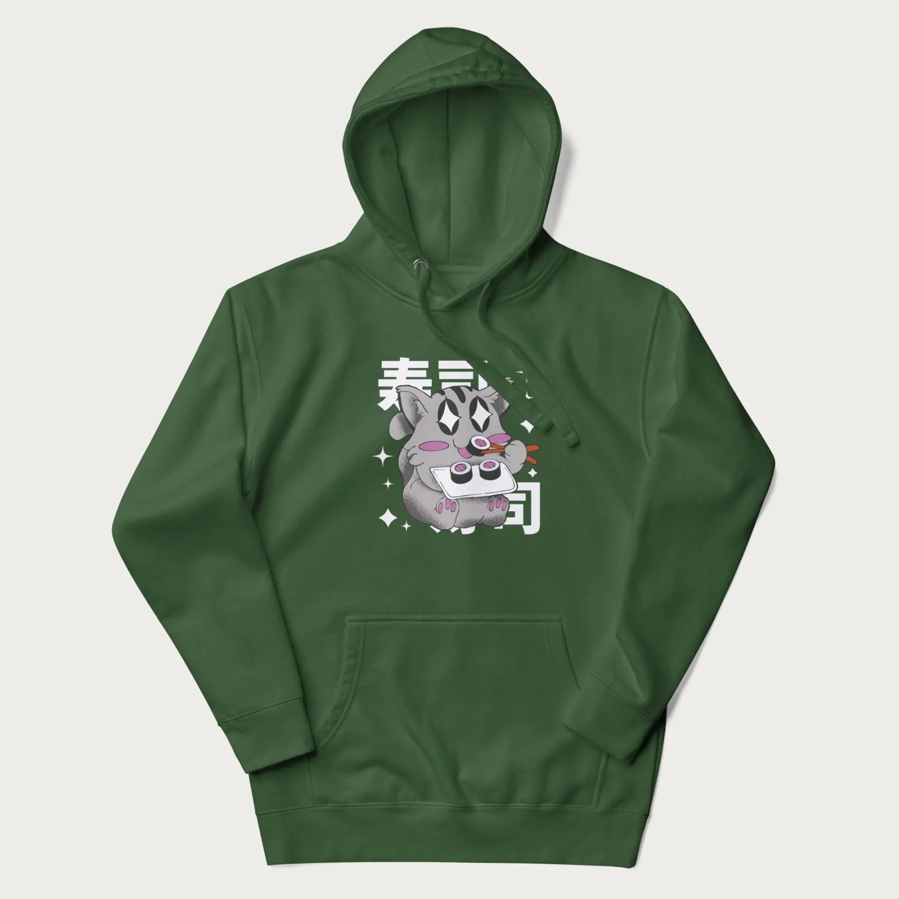 Forest green hoodie with Japanese graphic of a cute grey cat eating sushi, with the Japanese text '寿司' (Sushi) in the background.