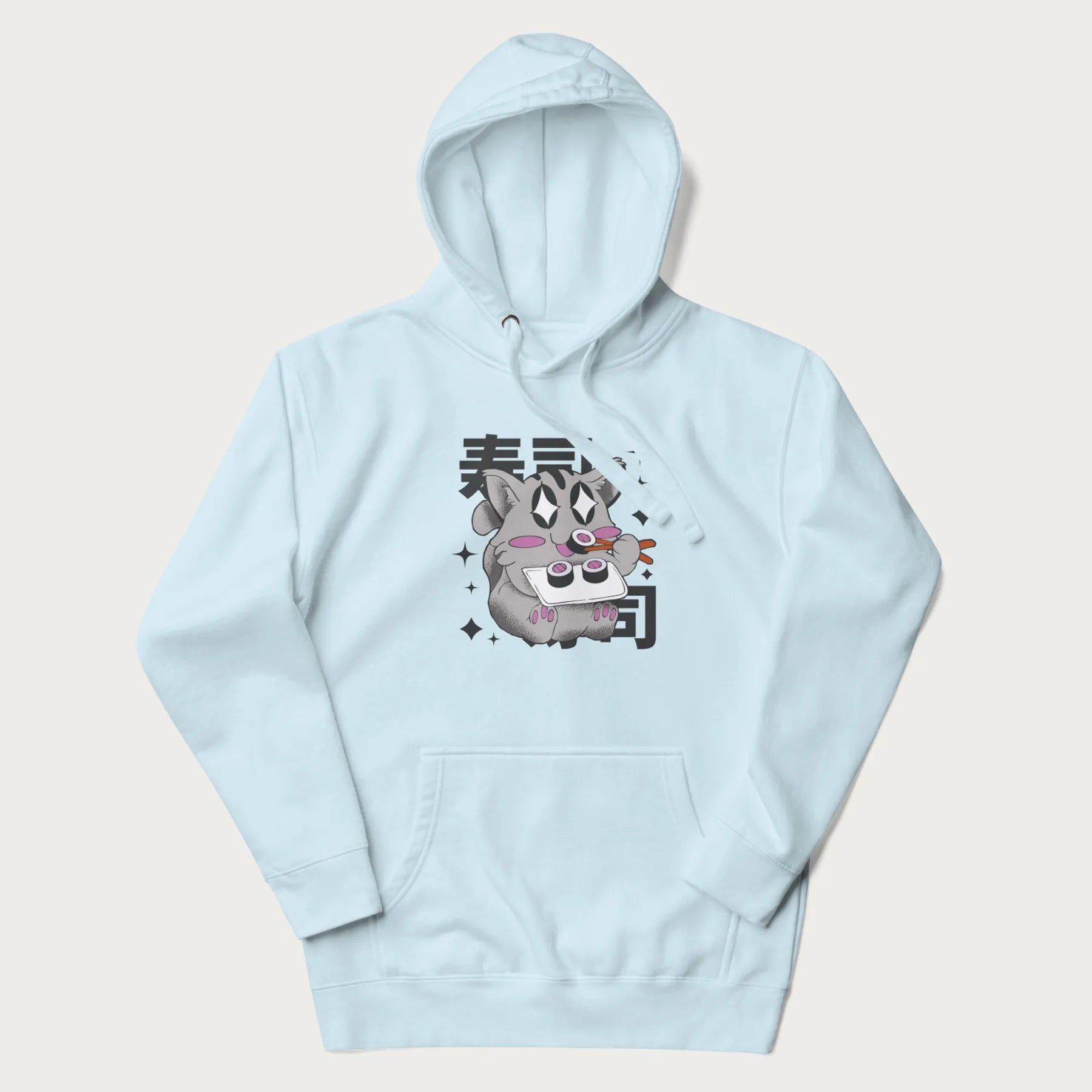 Light blue hoodie with Japanese graphic of a cute grey cat eating sushi, with the Japanese text '寿司' (Sushi) in the background.