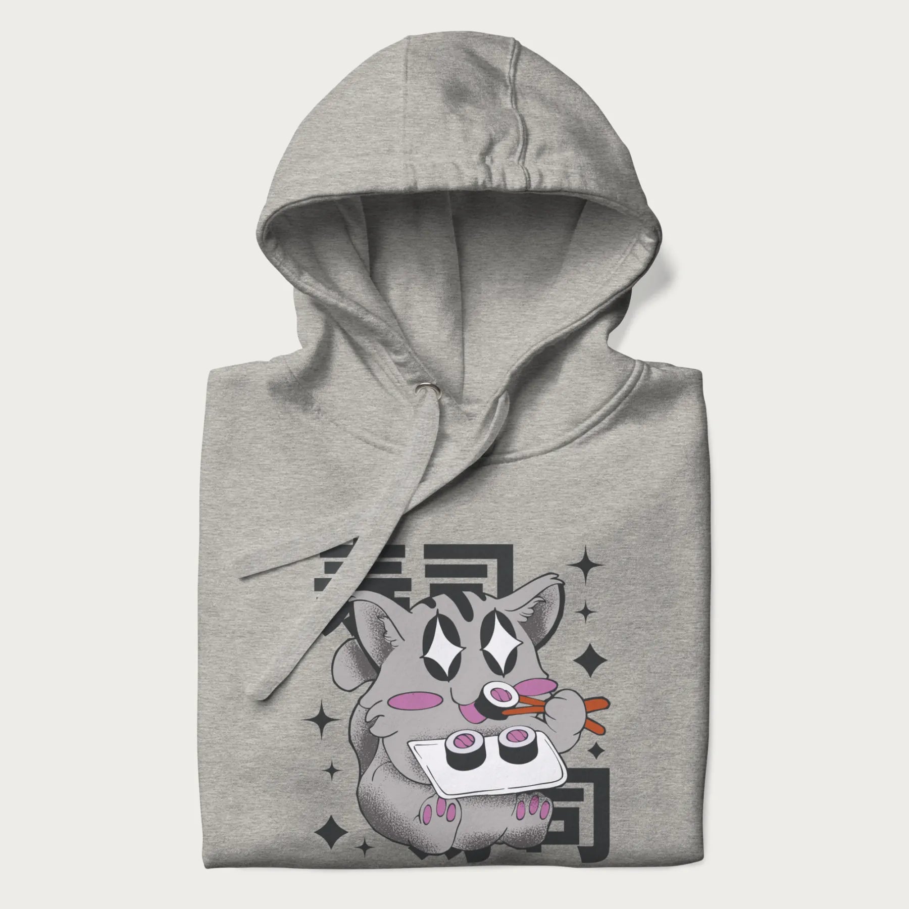 Folded light grey hoodie with Japanese graphic of a cute grey cat eating sushi, with the Japanese text '寿司' (Sushi) in the background.