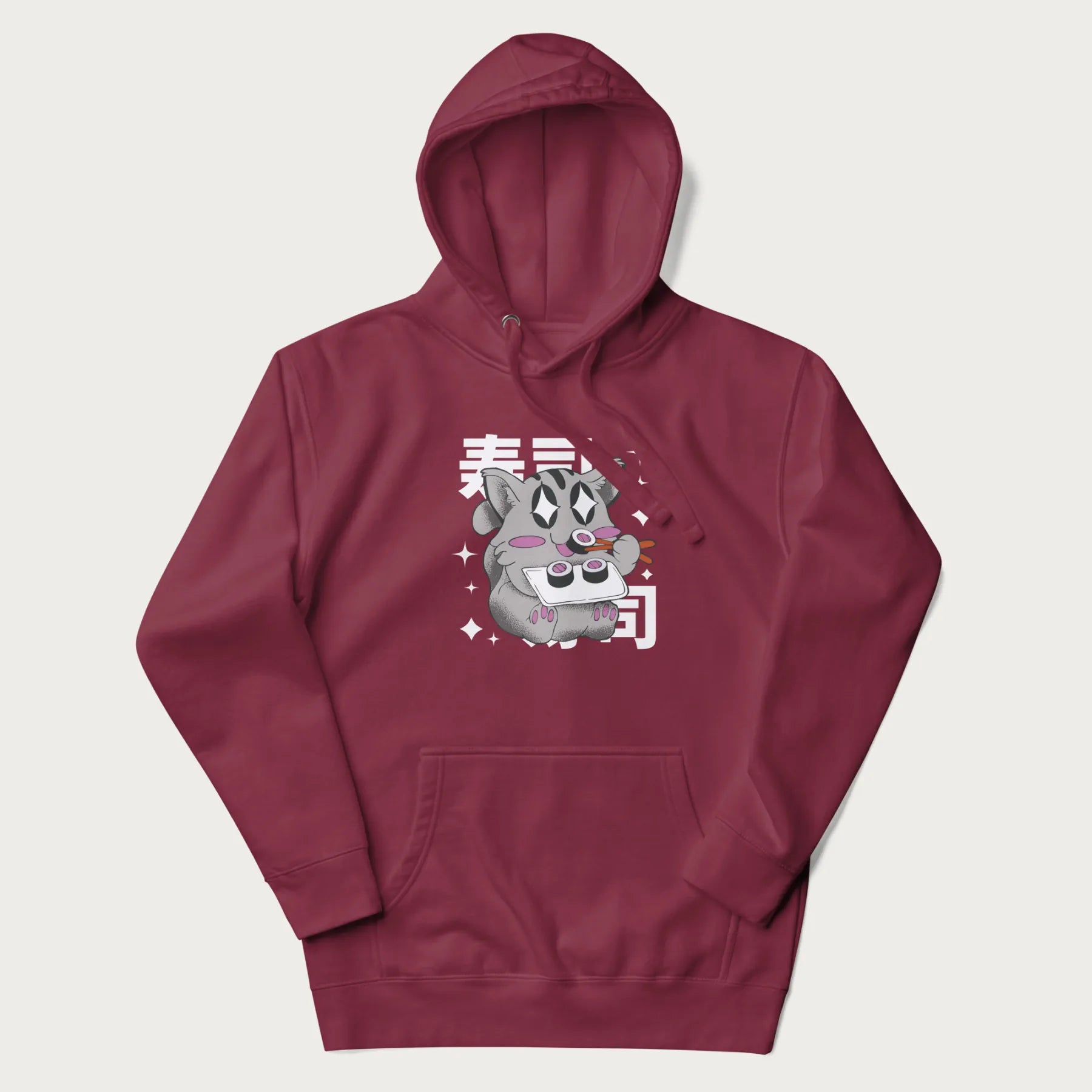 Maroon hoodie with Japanese graphic of a cute grey cat eating sushi, with the Japanese text '寿司' (Sushi) in the background.