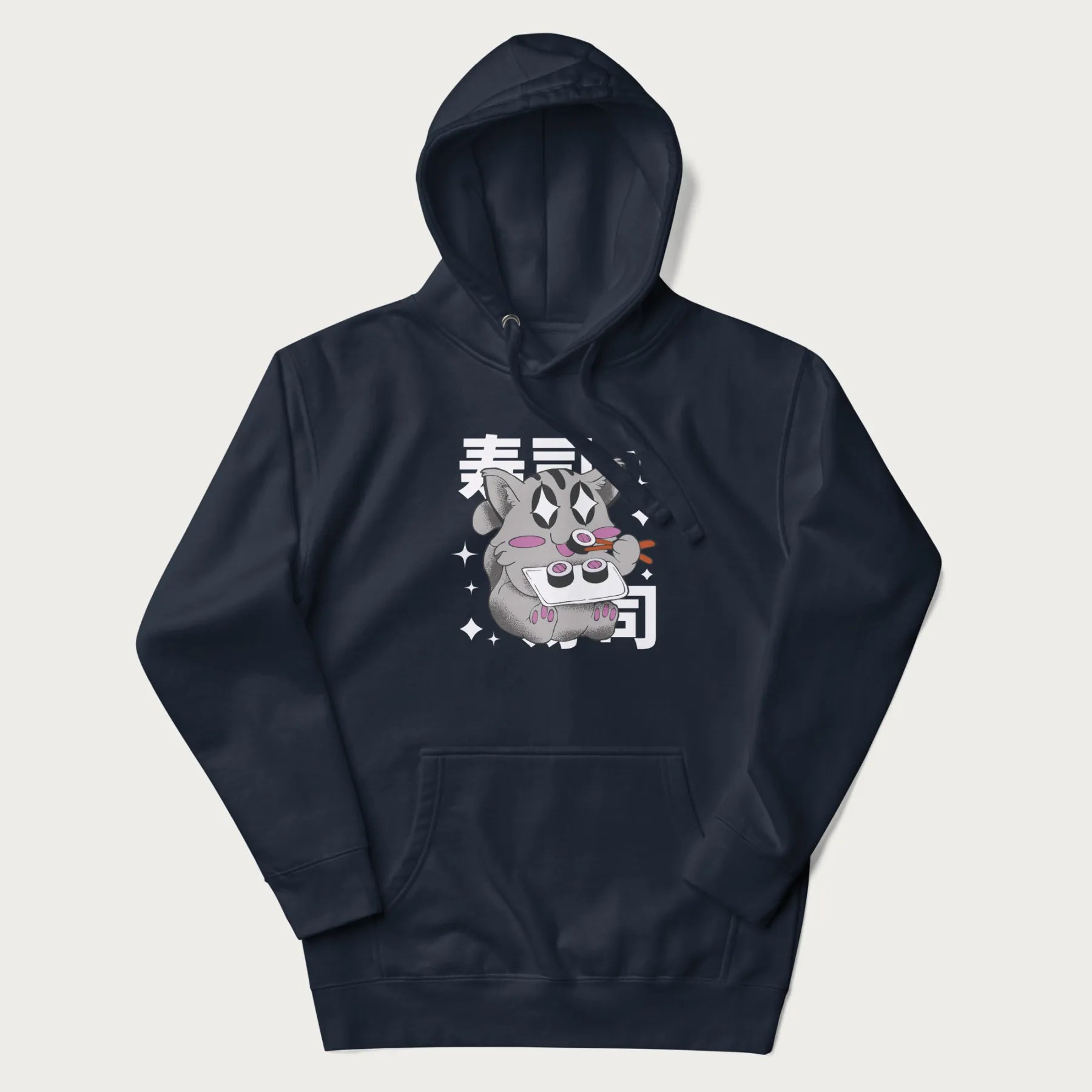 Navy blue hoodie with Japanese graphic of a cute grey cat eating sushi, with the Japanese text '寿司' (Sushi) in the background.