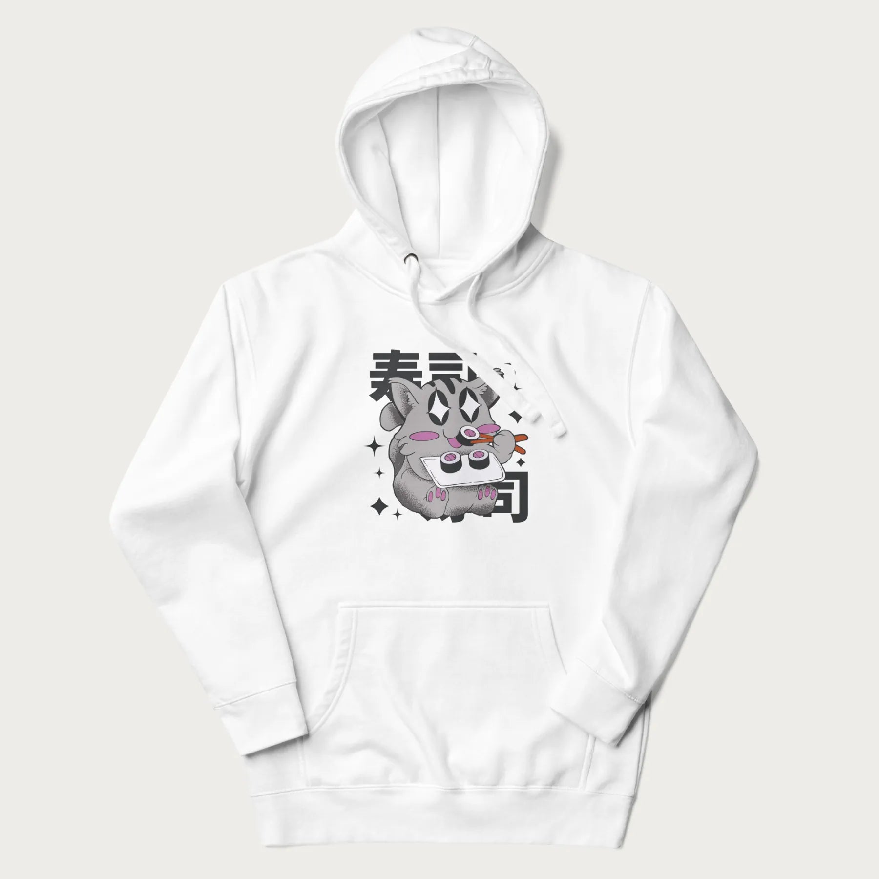 White hoodie with Japanese graphic of a cute grey cat eating sushi, with the Japanese text '寿司' (Sushi) in the background.